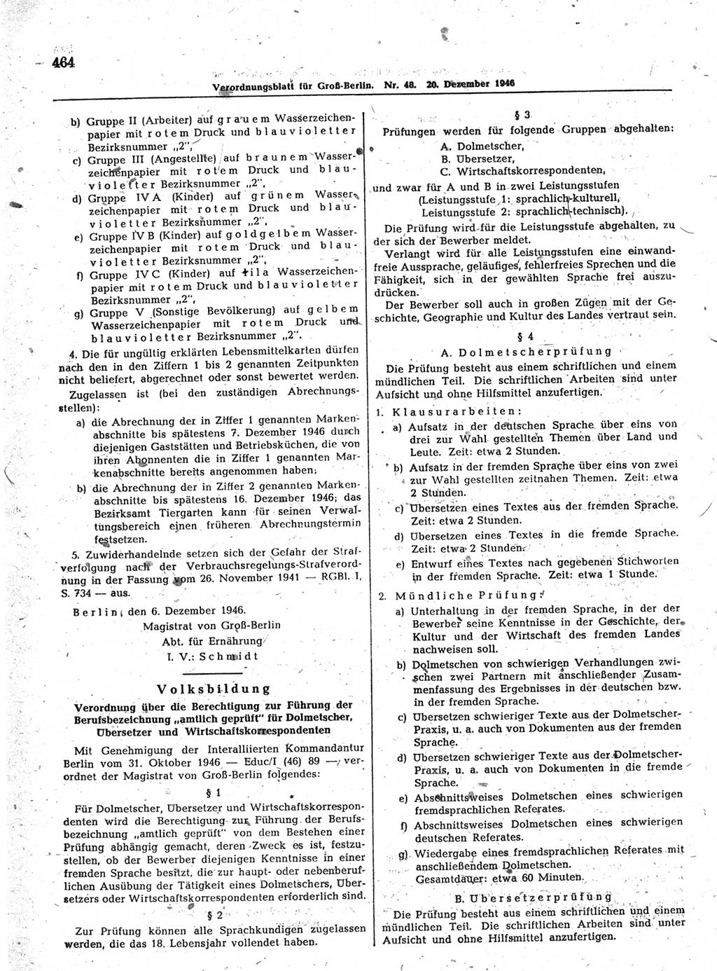 Verordnungsblatt (VOBl.) der Stadt Berlin, für Groß-Berlin 1946, Seite 464 (VOBl. Bln. 1946, S. 464)