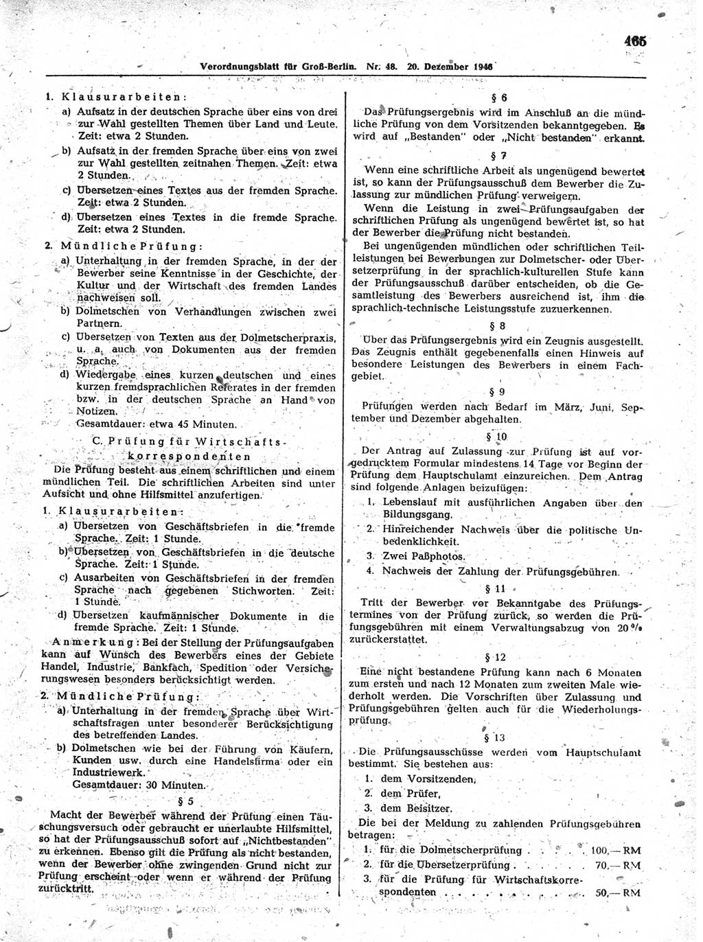 Verordnungsblatt (VOBl.) der Stadt Berlin, für Groß-Berlin 1946, Seite 465 (VOBl. Bln. 1946, S. 465)