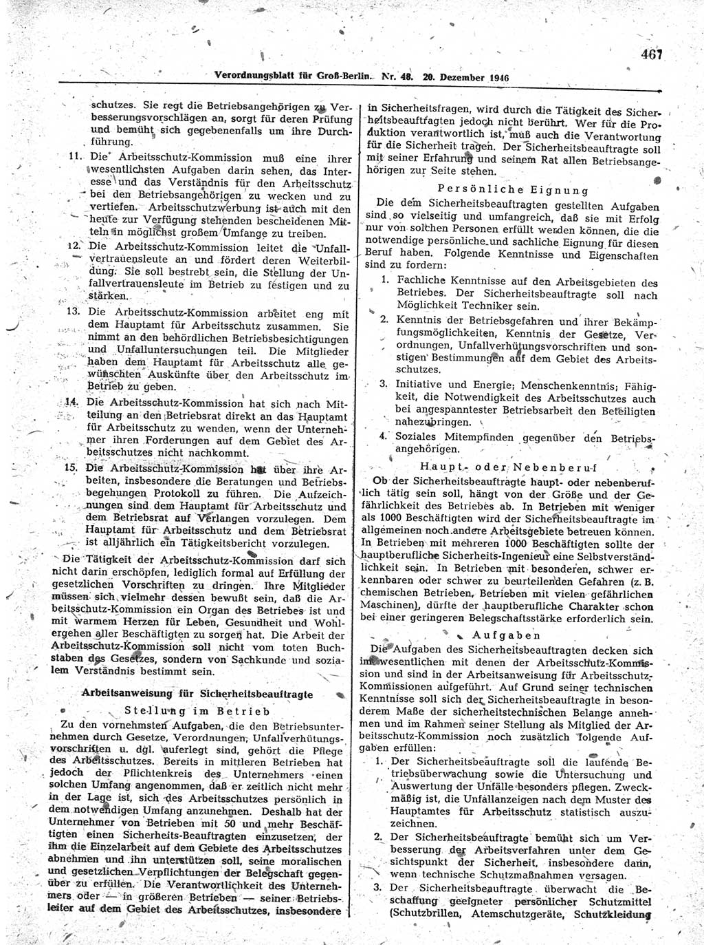 Verordnungsblatt (VOBl.) der Stadt Berlin, für Groß-Berlin 1946, Seite 467 (VOBl. Bln. 1946, S. 467)