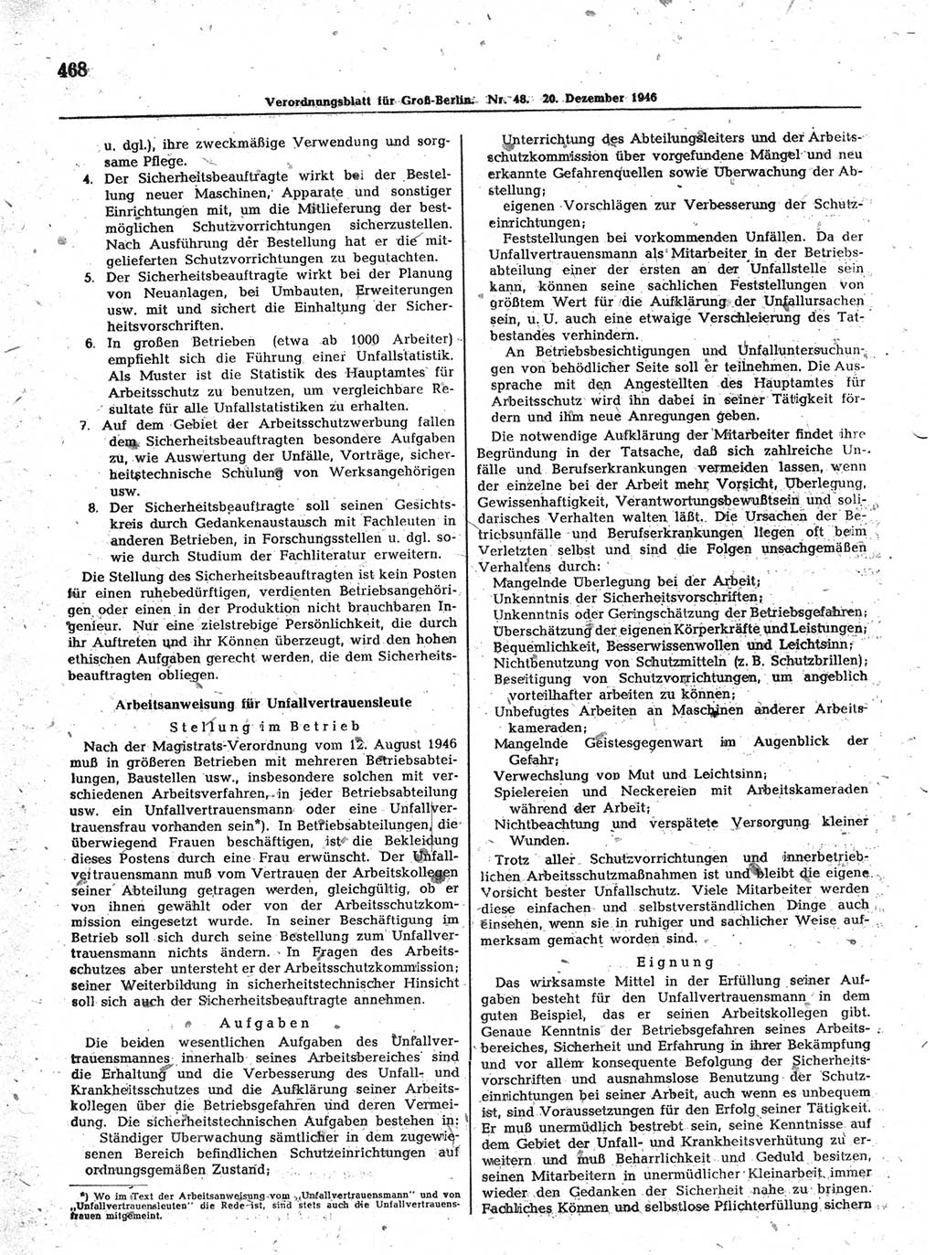 Verordnungsblatt (VOBl.) der Stadt Berlin, für Groß-Berlin 1946, Seite 468 (VOBl. Bln. 1946, S. 468)