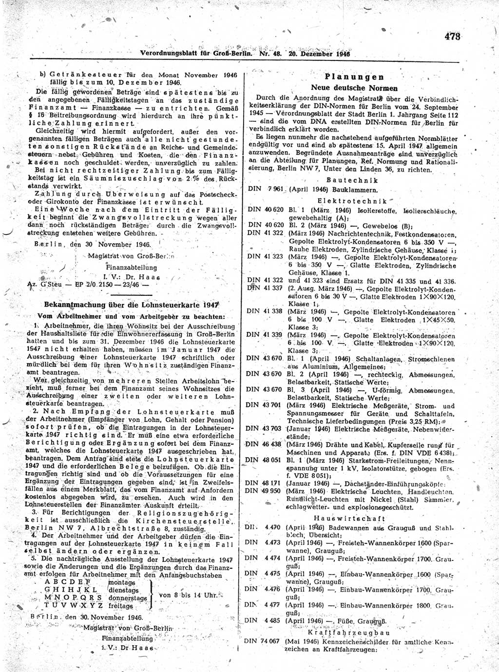 Verordnungsblatt (VOBl.) der Stadt Berlin, für Groß-Berlin 1946, Seite 473 (VOBl. Bln. 1946, S. 473)