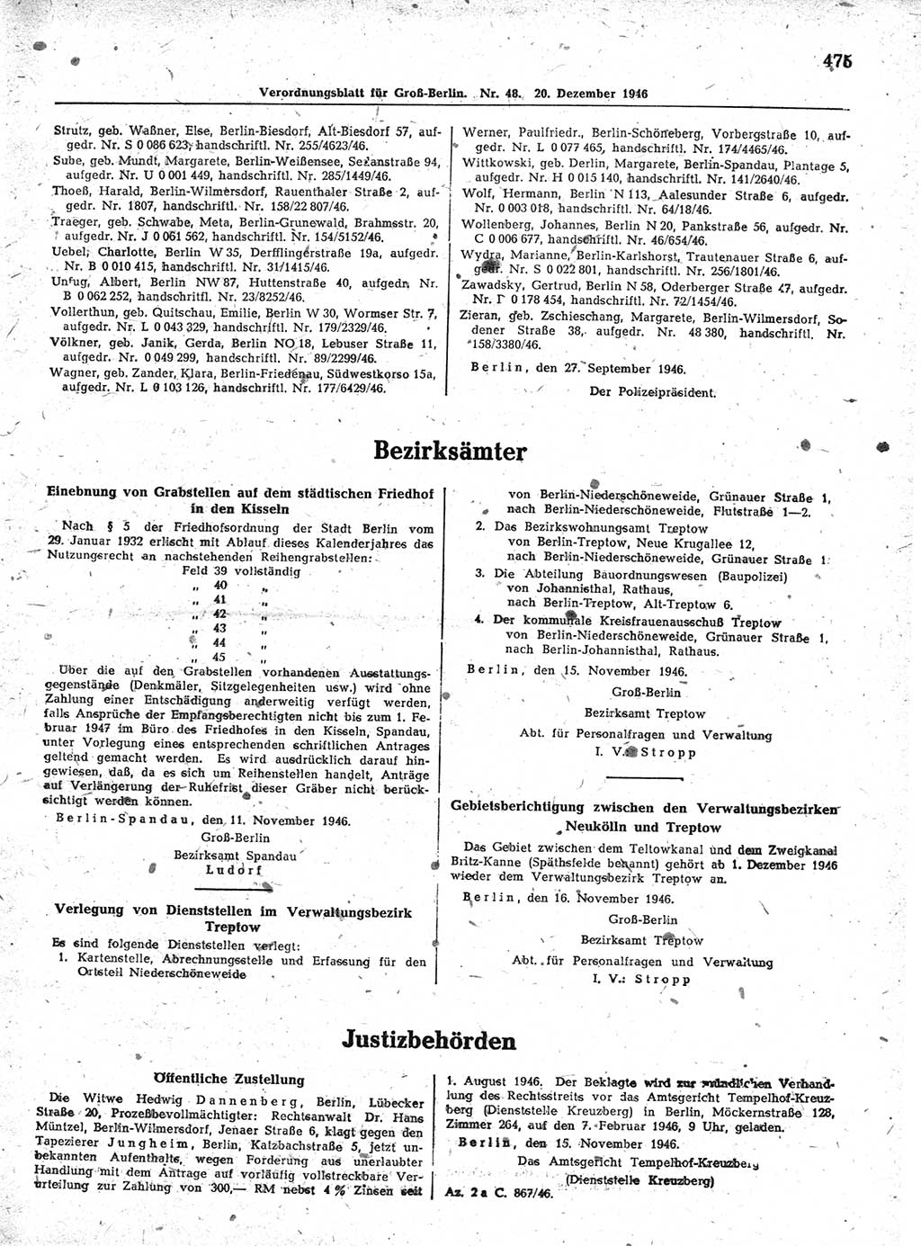 Verordnungsblatt (VOBl.) der Stadt Berlin, für Groß-Berlin 1946, Seite 475 (VOBl. Bln. 1946, S. 475)