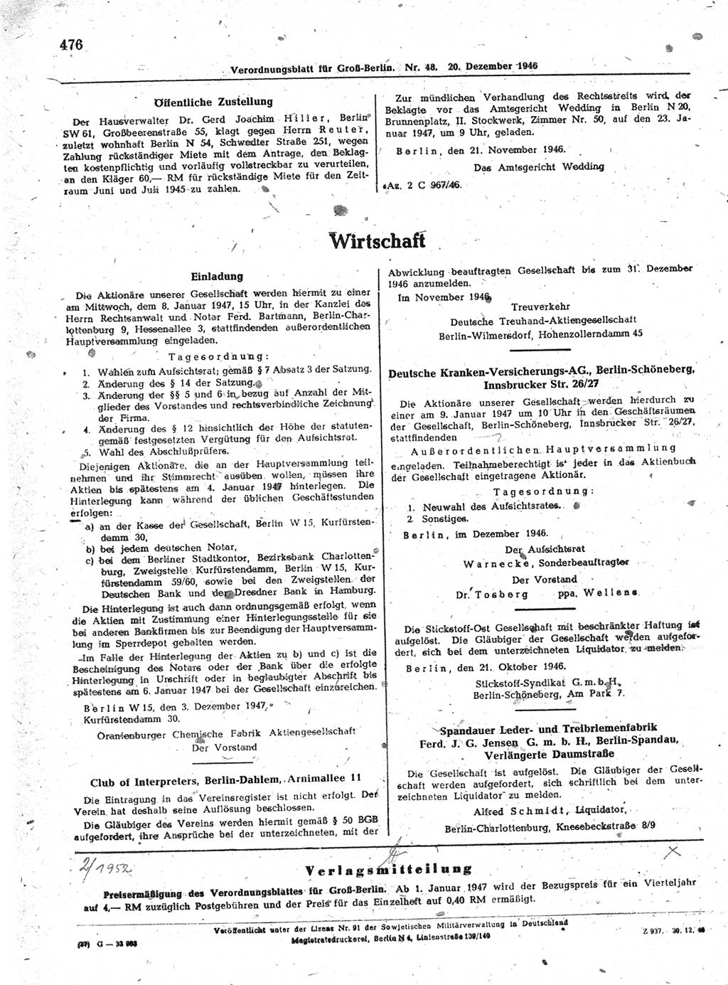 Verordnungsblatt (VOBl.) der Stadt Berlin, für Groß-Berlin 1946, Seite 476 (VOBl. Bln. 1946, S. 476)