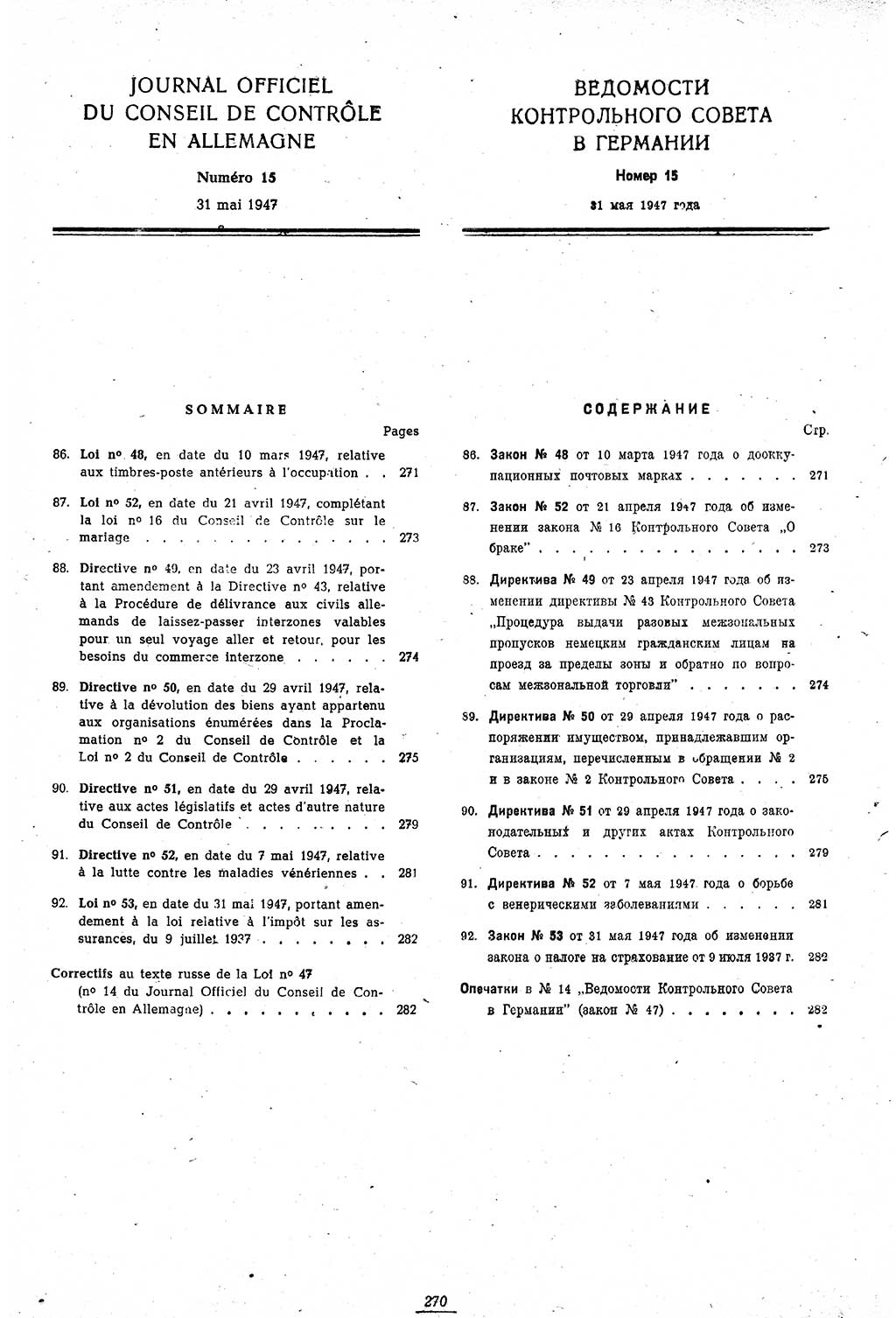 Amtsblatt des Kontrollrats (ABlKR) in Deutschland 1947, Seite 270/1 (ABlKR Dtl. 1947, S. 270/1)