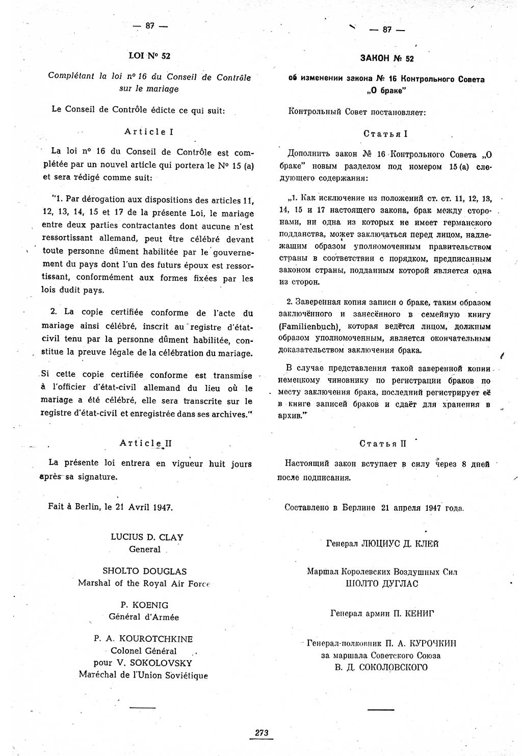 Amtsblatt des Kontrollrats (ABlKR) in Deutschland 1947, Seite 273/1 (ABlKR Dtl. 1947, S. 273/1)