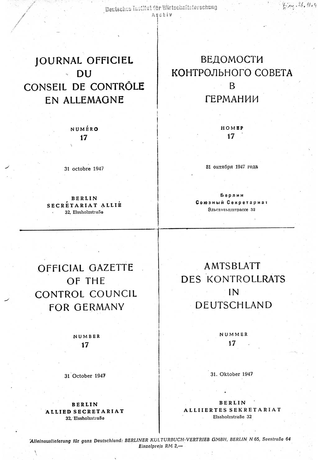 Amtsblatt des Kontrollrats (ABlKR) in Deutschland 1947, Seite 288 (ABlKR Dtl. 1947, S. 288)