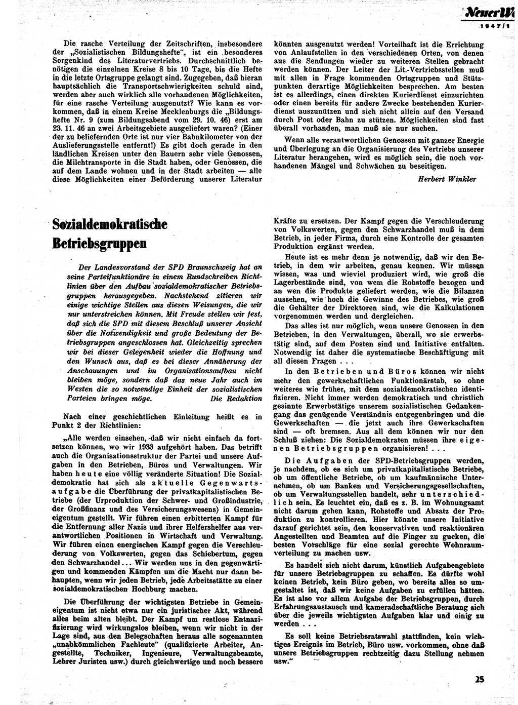 Neuer Weg (NW), Monatsschrift für aktuelle Fragen der Arbeiterbewegung [Parteivorstand (PV) Sozialistische Einheitspartei Deutschlands (SED)], 2. Jahrgang [Sowjetische Besatzungszone (SBZ) Deutschlands] 1947, Heft 1/25 (NW PV SED SBZ Dtl. 1947, H. 1/25)