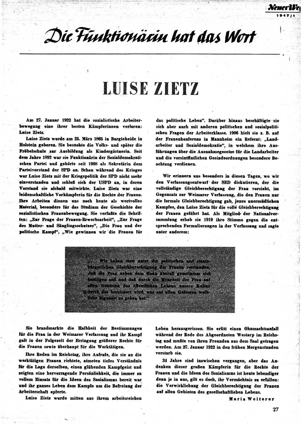 Neuer Weg (NW), Monatsschrift für aktuelle Fragen der Arbeiterbewegung [Parteivorstand (PV) Sozialistische Einheitspartei Deutschlands (SED)], 2. Jahrgang [Sowjetische Besatzungszone (SBZ) Deutschlands] 1947, Heft 1/27 (NW PV SED SBZ Dtl. 1947, H. 1/27)