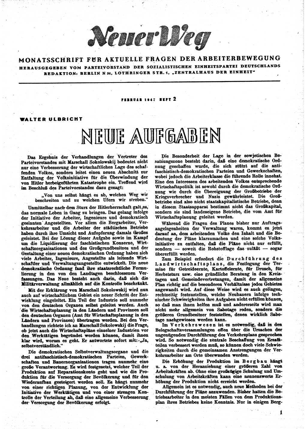 Neuer Weg (NW), Monatsschrift für aktuelle Fragen der Arbeiterbewegung [Parteivorstand (PV) Sozialistische Einheitspartei Deutschlands (SED)], 2. Jahrgang [Sowjetische Besatzungszone (SBZ) Deutschlands] 1947, Heft 2/1 (NW PV SED SBZ Dtl. 1947, H. 2/1)