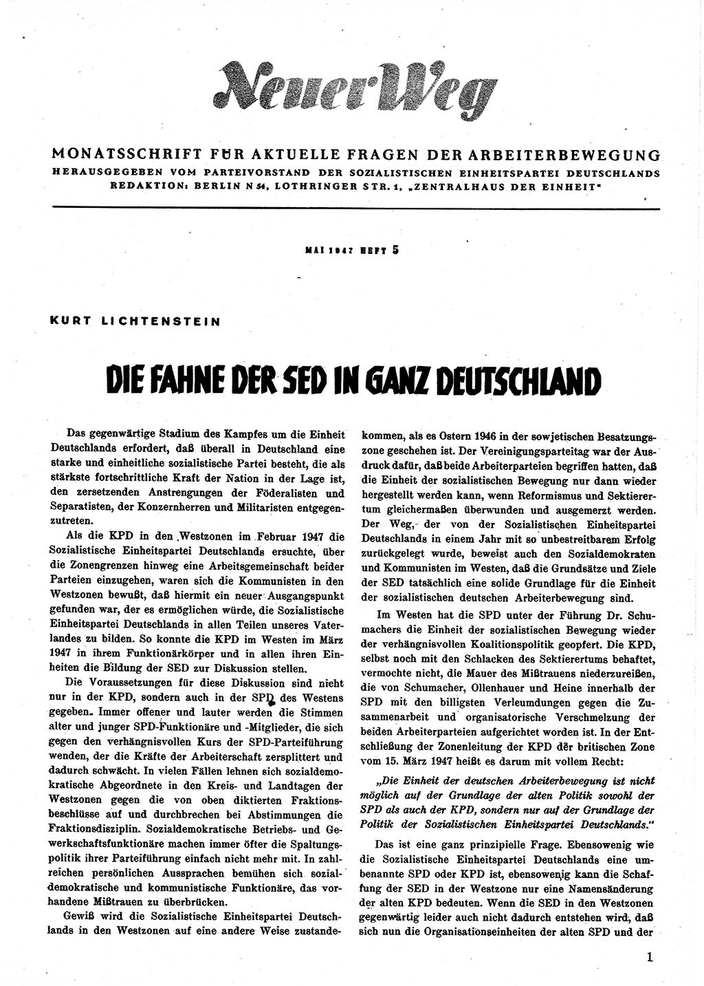 Neuer Weg (NW), Monatsschrift für aktuelle Fragen der Arbeiterbewegung [Parteivorstand (PV) Sozialistische Einheitspartei Deutschlands (SED)], 2. Jahrgang [Sowjetische Besatzungszone (SBZ) Deutschlands] 1947, Heft 5/1 (NW PV SED SBZ Dtl. 1947, H. 5/1)