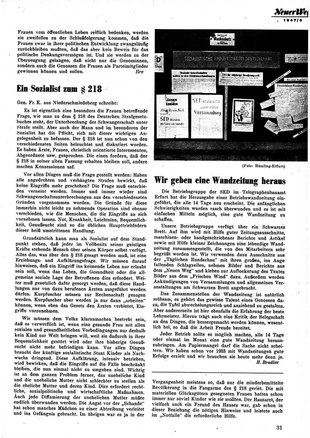 Neuer Weg (NW), Monatsschrift für aktuelle Fragen der Arbeiterbewegung [Parteivorstand (PV) Sozialistische Einheitspartei Deutschlands (SED)], 2. Jahrgang [Sowjetische Besatzungszone (SBZ) Deutschlands] 1947, Heft 5/31 (NW PV SED SBZ Dtl. 1947, H. 5/31)