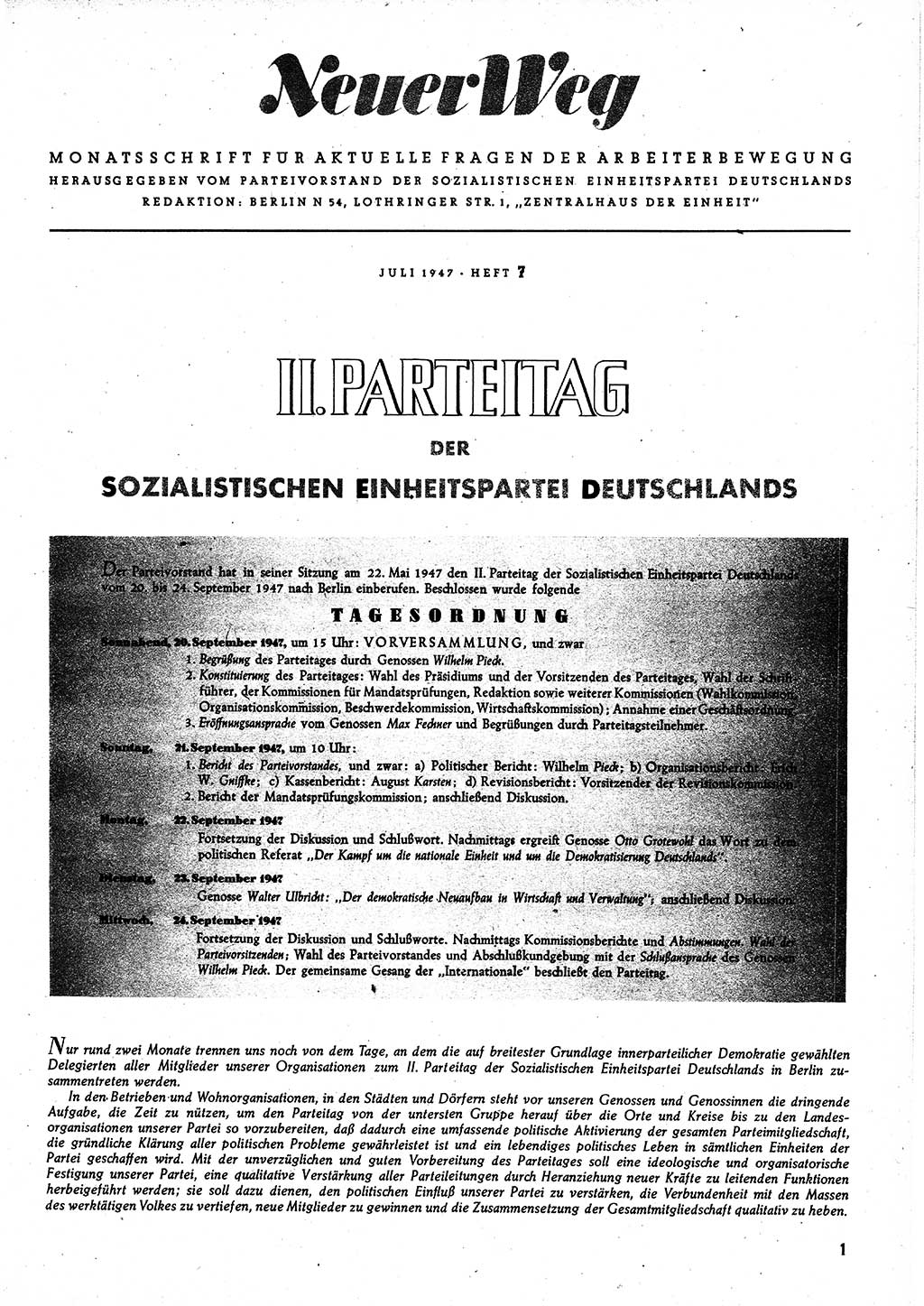 Neuer Weg (NW), Monatsschrift für aktuelle Fragen der Arbeiterbewegung [Parteivorstand (PV) Sozialistische Einheitspartei Deutschlands (SED)], 2. Jahrgang [Sowjetische Besatzungszone (SBZ) Deutschlands] 1947, Heft 7/1 (NW PV SED SBZ Dtl. 1947, H. 7/1)