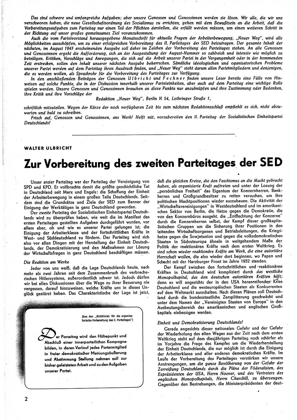 Neuer Weg (NW), Monatsschrift für aktuelle Fragen der Arbeiterbewegung [Parteivorstand (PV) Sozialistische Einheitspartei Deutschlands (SED)], 2. Jahrgang [Sowjetische Besatzungszone (SBZ) Deutschlands] 1947, Heft 7/2 (NW PV SED SBZ Dtl. 1947, H. 7/2)