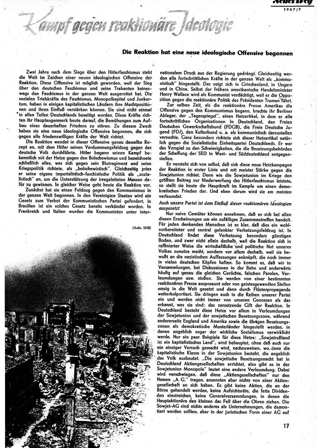 Neuer Weg (NW), Monatsschrift für aktuelle Fragen der Arbeiterbewegung [Parteivorstand (PV) Sozialistische Einheitspartei Deutschlands (SED)], 2. Jahrgang [Sowjetische Besatzungszone (SBZ) Deutschlands] 1947, Heft 7/17 (NW PV SED SBZ Dtl. 1947, H. 7/17)