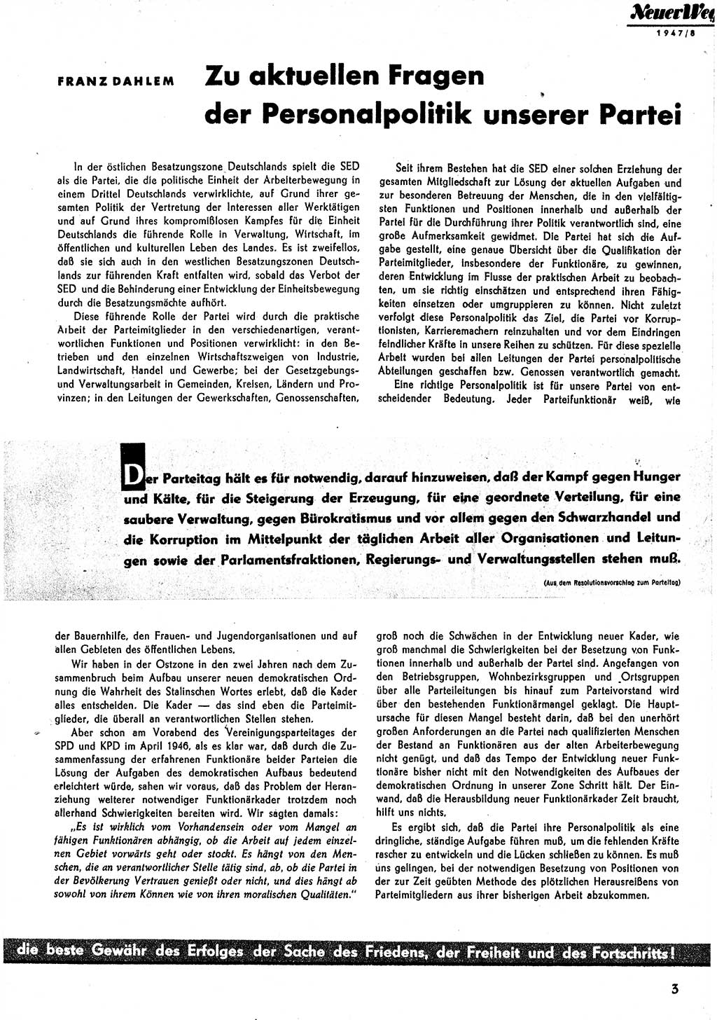 Neuer Weg (NW), Monatsschrift für aktuelle Fragen der Arbeiterbewegung [Parteivorstand (PV) Sozialistische Einheitspartei Deutschlands (SED)], 2. Jahrgang [Sowjetische Besatzungszone (SBZ) Deutschlands] 1947, Heft 8/3 (NW PV SED SBZ Dtl. 1947, H. 8/3)