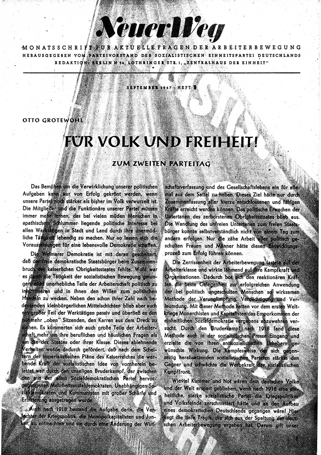 Neuer Weg (NW), Monatsschrift für aktuelle Fragen der Arbeiterbewegung [Parteivorstand (PV) Sozialistische Einheitspartei Deutschlands (SED)], 2. Jahrgang [Sowjetische Besatzungszone (SBZ) Deutschlands] 1947, Heft 9/1 (NW PV SED SBZ Dtl. 1947, H. 9/1)