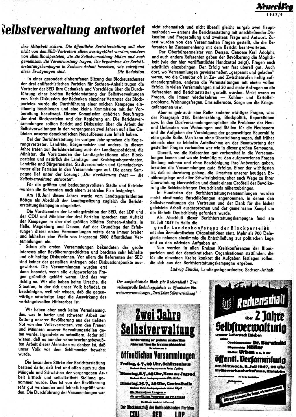 Neuer Weg (NW), Monatsschrift für aktuelle Fragen der Arbeiterbewegung [Parteivorstand (PV) Sozialistische Einheitspartei Deutschlands (SED)], 2. Jahrgang [Sowjetische Besatzungszone (SBZ) Deutschlands] 1947, Heft 9/9 (NW PV SED SBZ Dtl. 1947, H. 9/9)