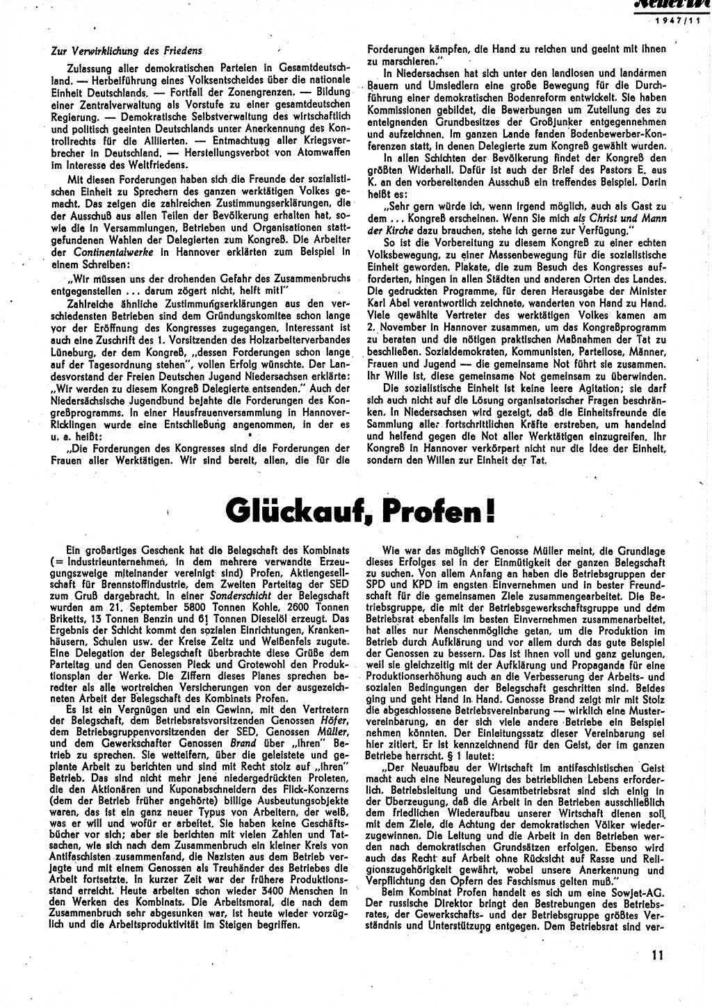Neuer Weg (NW), Monatsschrift für aktuelle Fragen der Arbeiterbewegung [Parteivorstand (PV) Sozialistische Einheitspartei Deutschlands (SED)], 2. Jahrgang [Sowjetische Besatzungszone (SBZ) Deutschlands] 1947, Heft 11/11 (NW PV SED SBZ Dtl. 1947, H. 11/11)