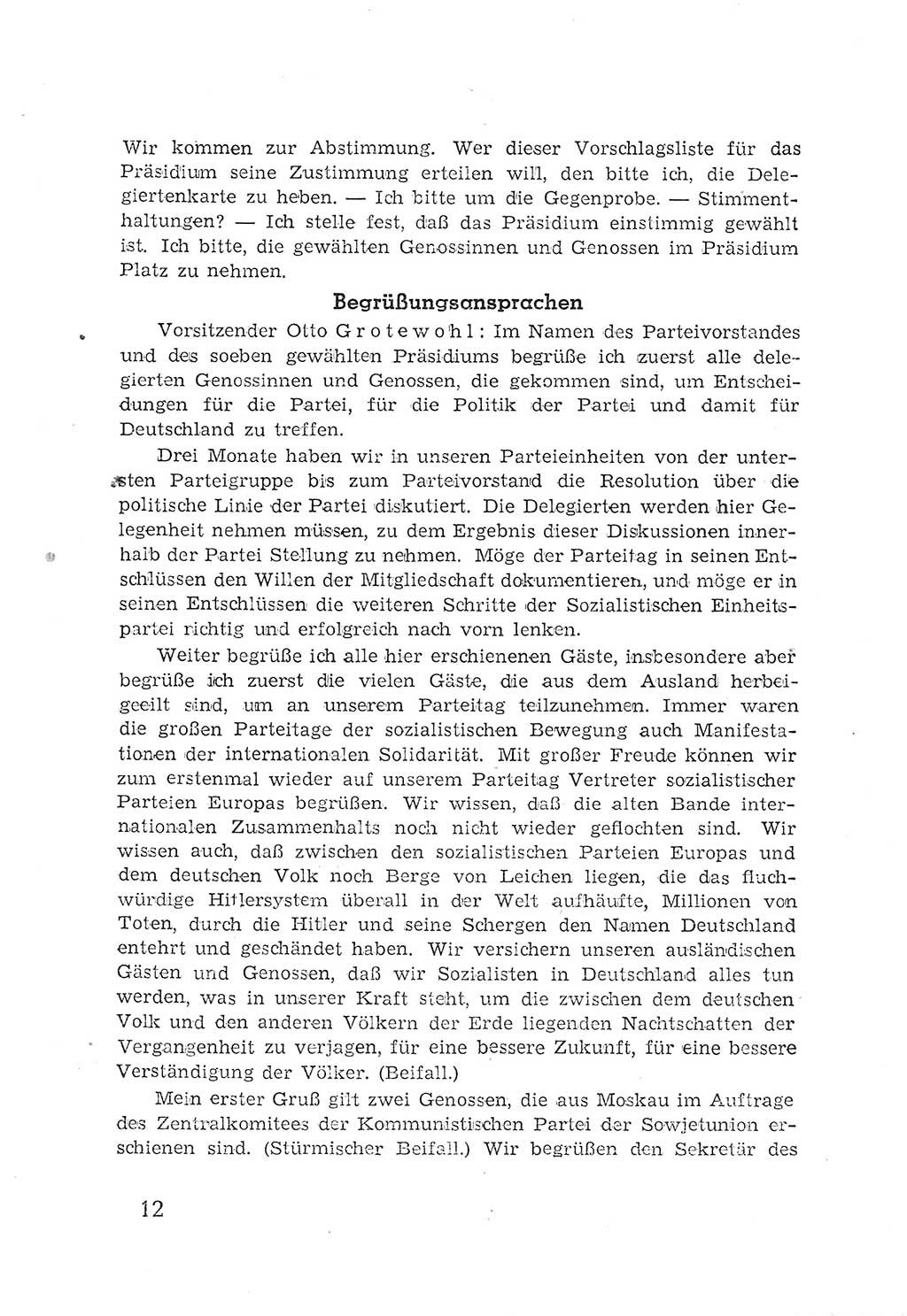 Protokoll der Verhandlungen des 2. Parteitages der Sozialistischen Einheitspartei Deutschlands (SED) [Sowjetische Besatzungszone (SBZ) Deutschlands] 1947, Seite 12 (Prot. Verh. 2. PT SED SBZ Dtl. 1947, S. 12)