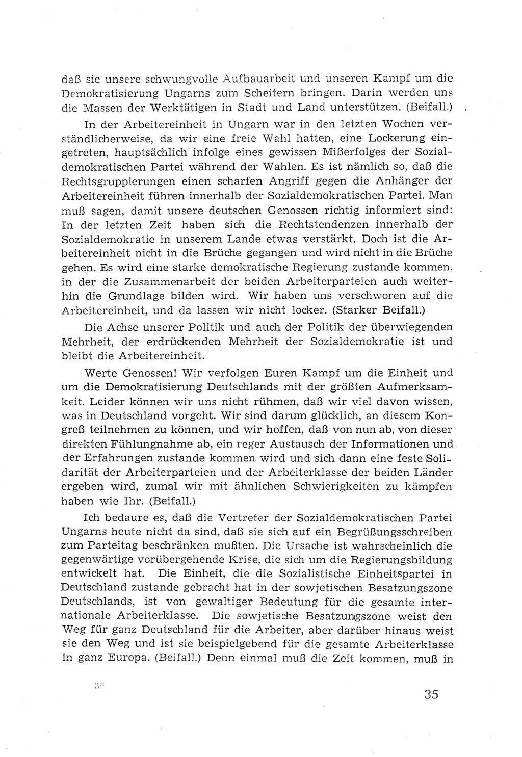 Protokoll der Verhandlungen des 2. Parteitages der Sozialistischen Einheitspartei Deutschlands (SED) [Sowjetische Besatzungszone (SBZ) Deutschlands] 1947, Seite 35 (Prot. Verh. 2. PT SED SBZ Dtl. 1947, S. 35)