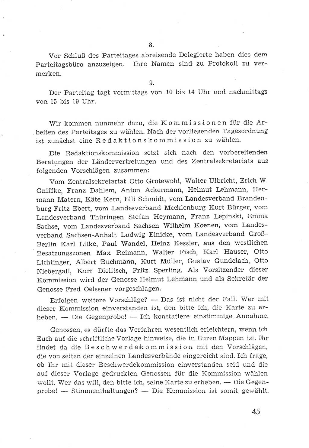 Protokoll der Verhandlungen des 2. Parteitages der Sozialistischen Einheitspartei Deutschlands (SED) [Sowjetische Besatzungszone (SBZ) Deutschlands] 1947, Seite 45 (Prot. Verh. 2. PT SED SBZ Dtl. 1947, S. 45)