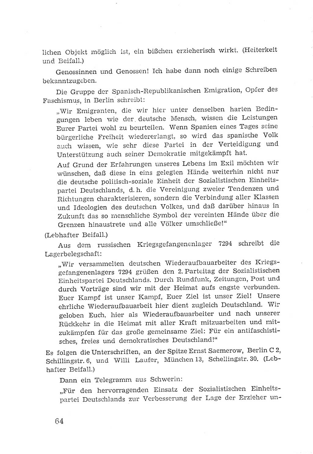 Protokoll der Verhandlungen des 2. Parteitages der Sozialistischen Einheitspartei Deutschlands (SED) [Sowjetische Besatzungszone (SBZ) Deutschlands] 1947, Seite 64 (Prot. Verh. 2. PT SED SBZ Dtl. 1947, S. 64)
