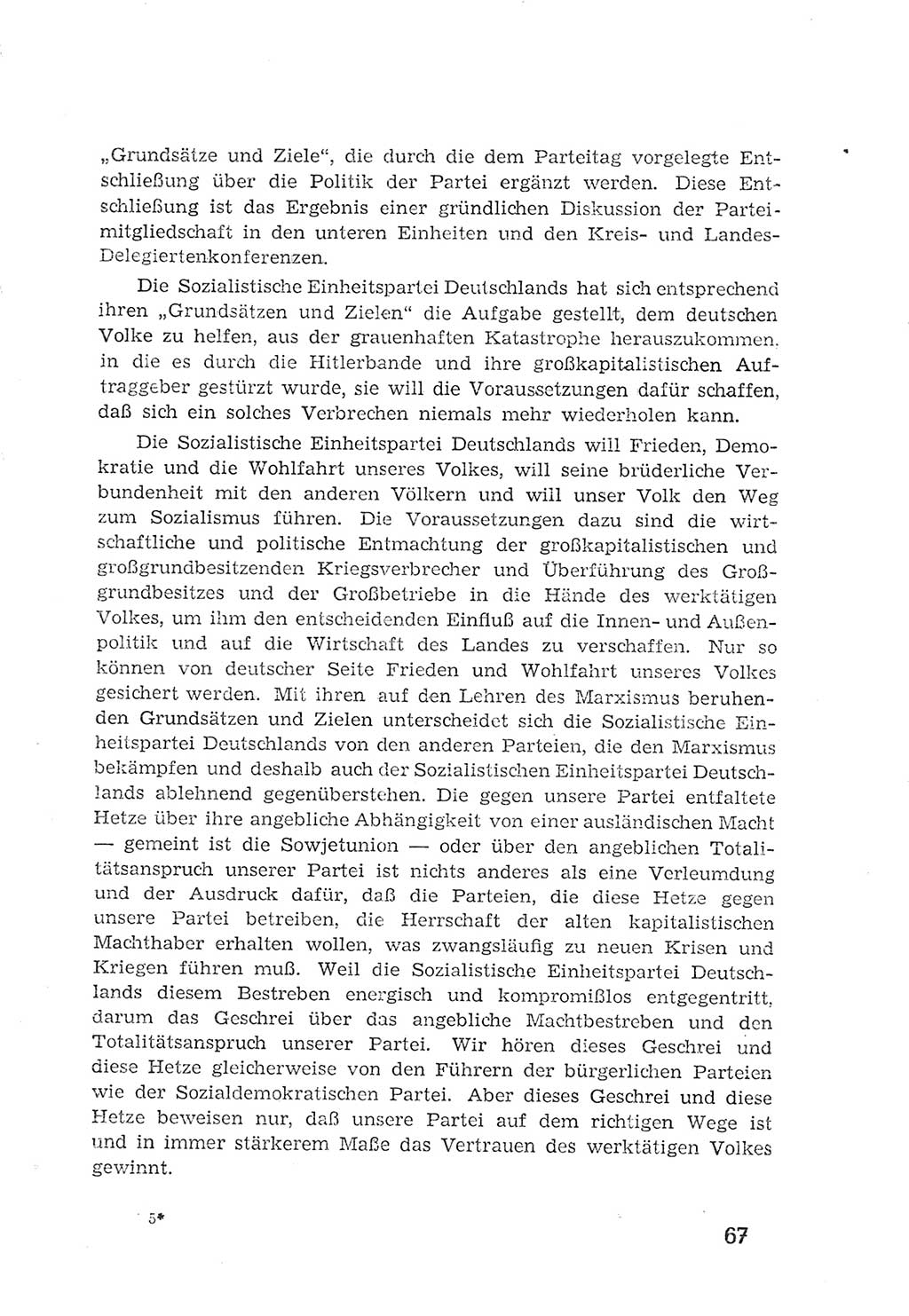 Protokoll der Verhandlungen des 2. Parteitages der Sozialistischen Einheitspartei Deutschlands (SED) [Sowjetische Besatzungszone (SBZ) Deutschlands] 1947, Seite 67 (Prot. Verh. 2. PT SED SBZ Dtl. 1947, S. 67)