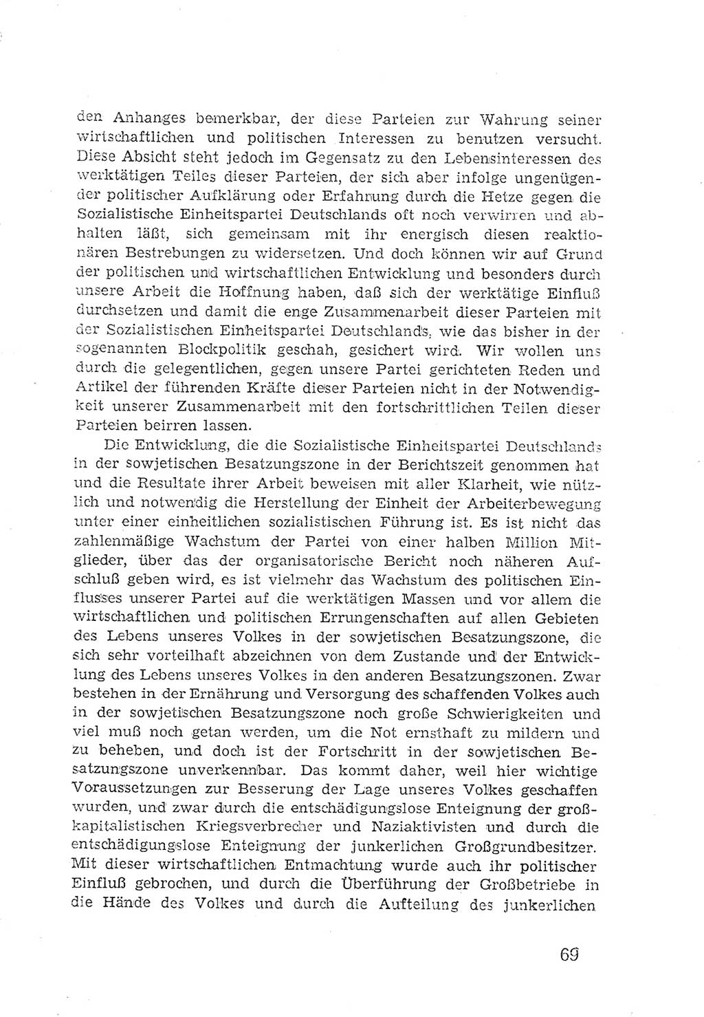Protokoll der Verhandlungen des 2. Parteitages der Sozialistischen Einheitspartei Deutschlands (SED) [Sowjetische Besatzungszone (SBZ) Deutschlands] 1947, Seite 69 (Prot. Verh. 2. PT SED SBZ Dtl. 1947, S. 69)