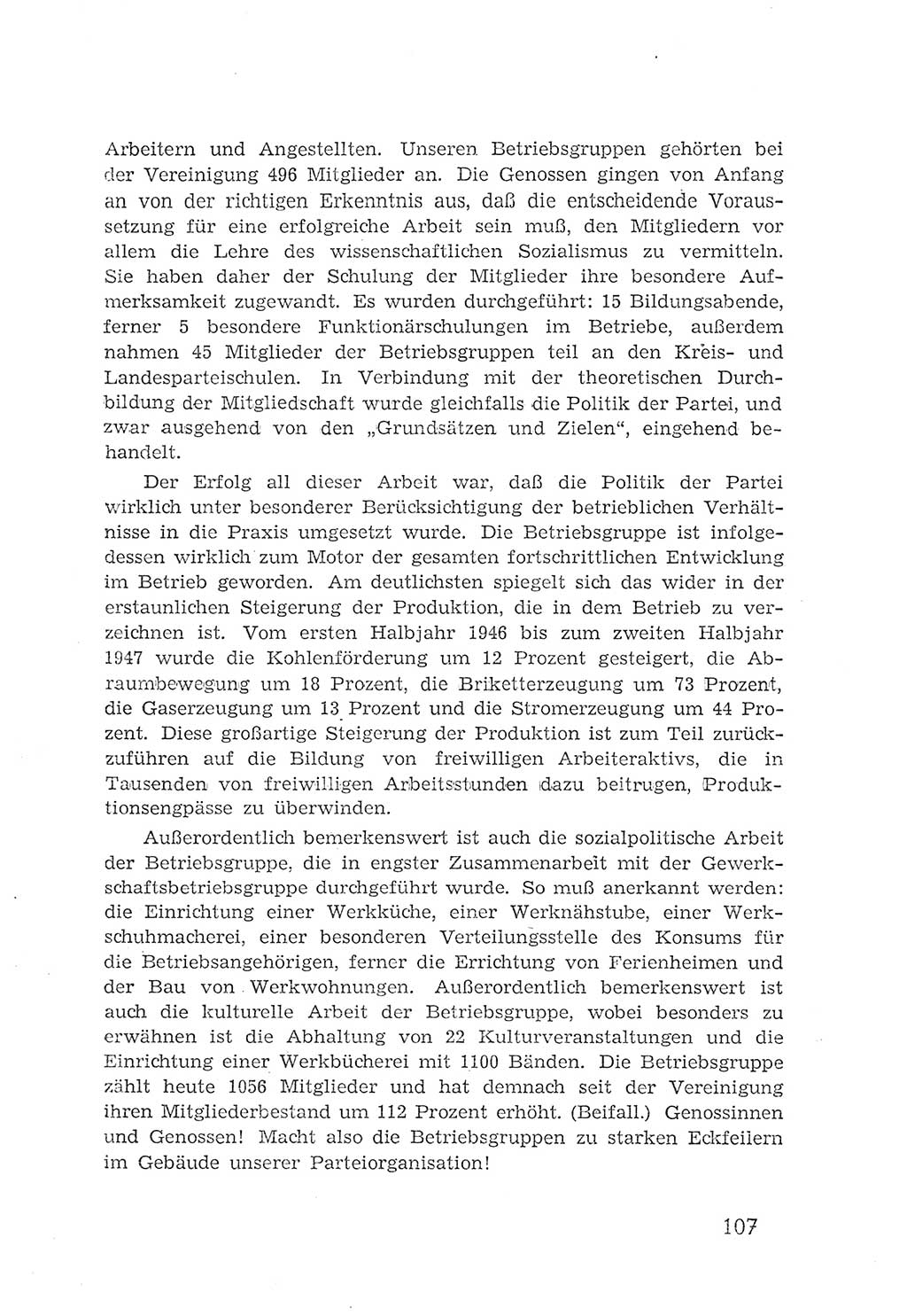 Protokoll der Verhandlungen des 2. Parteitages der Sozialistischen Einheitspartei Deutschlands (SED) [Sowjetische Besatzungszone (SBZ) Deutschlands] 1947, Seite 107 (Prot. Verh. 2. PT SED SBZ Dtl. 1947, S. 107)