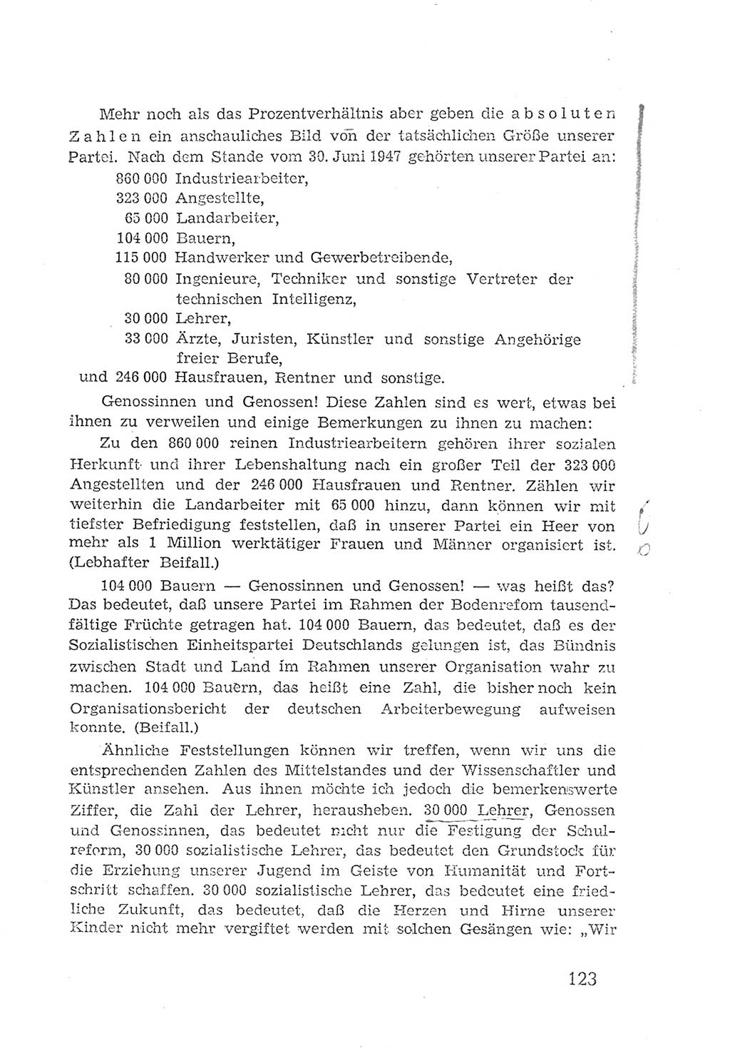 Protokoll der Verhandlungen des 2. Parteitages der Sozialistischen Einheitspartei Deutschlands (SED) [Sowjetische Besatzungszone (SBZ) Deutschlands] 1947, Seite 123 (Prot. Verh. 2. PT SED SBZ Dtl. 1947, S. 123)
