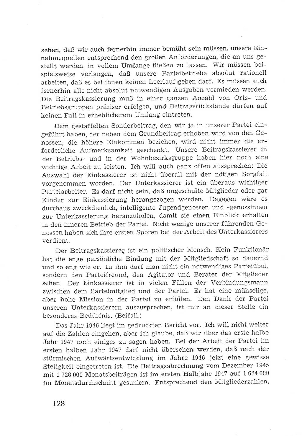 Protokoll der Verhandlungen des 2. Parteitages der Sozialistischen Einheitspartei Deutschlands (SED) [Sowjetische Besatzungszone (SBZ) Deutschlands] 1947, Seite 128 (Prot. Verh. 2. PT SED SBZ Dtl. 1947, S. 128)