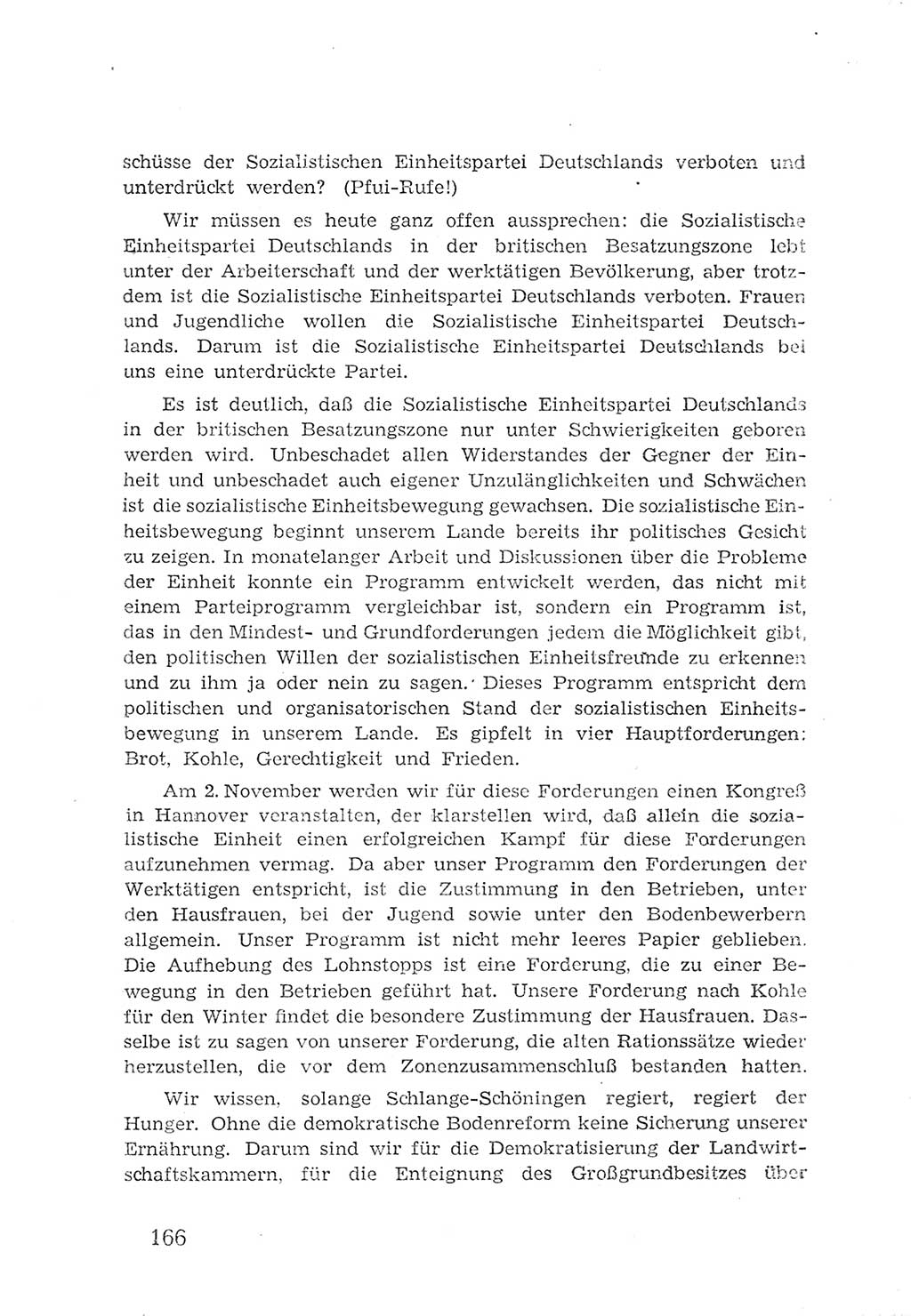 Protokoll der Verhandlungen des 2. Parteitages der Sozialistischen Einheitspartei Deutschlands (SED) [Sowjetische Besatzungszone (SBZ) Deutschlands] 1947, Seite 166 (Prot. Verh. 2. PT SED SBZ Dtl. 1947, S. 166)