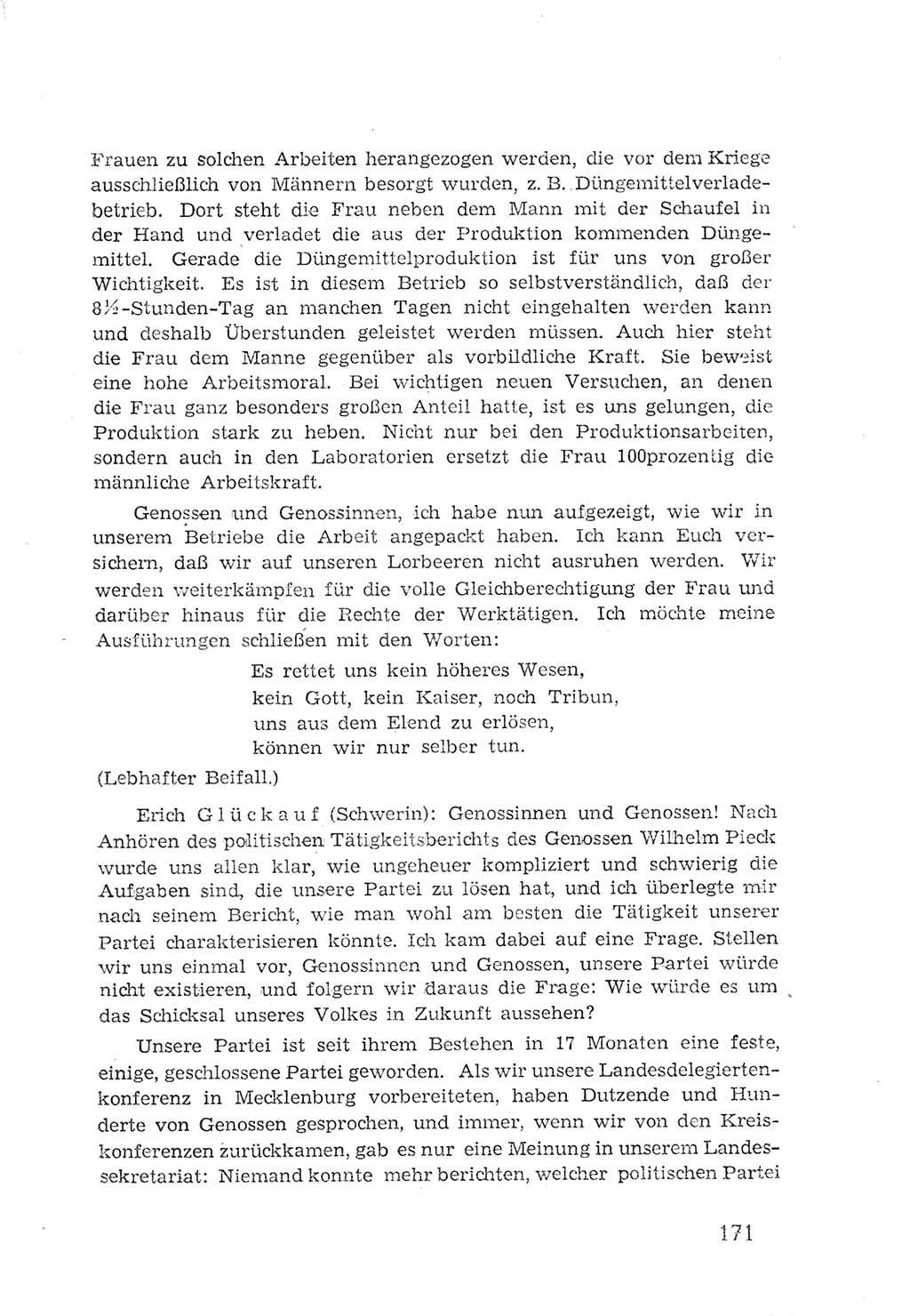 Protokoll der Verhandlungen des 2. Parteitages der Sozialistischen Einheitspartei Deutschlands (SED) [Sowjetische Besatzungszone (SBZ) Deutschlands] 1947, Seite 171 (Prot. Verh. 2. PT SED SBZ Dtl. 1947, S. 171)