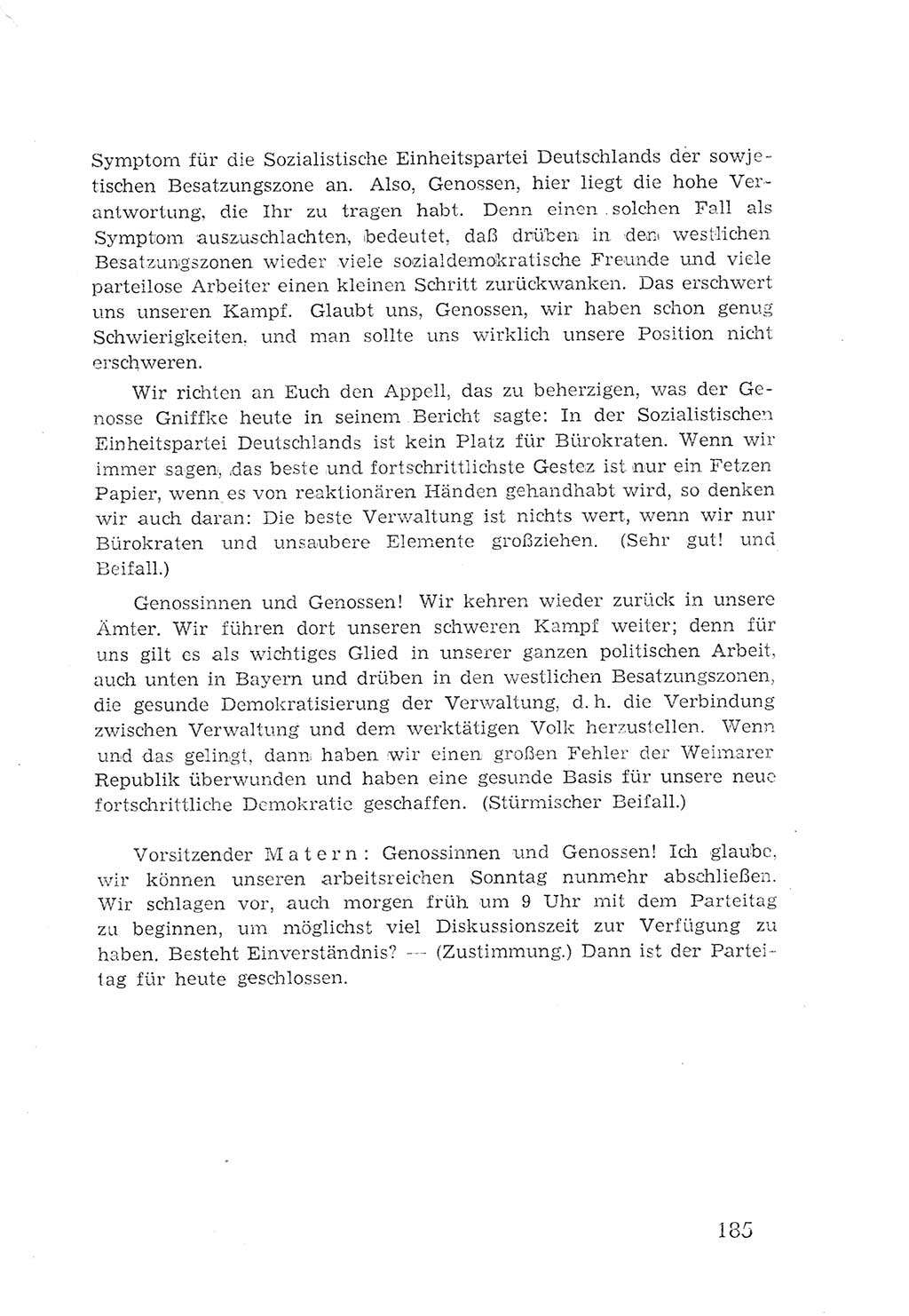Protokoll der Verhandlungen des 2. Parteitages der Sozialistischen Einheitspartei Deutschlands (SED) [Sowjetische Besatzungszone (SBZ) Deutschlands] 1947, Seite 185 (Prot. Verh. 2. PT SED SBZ Dtl. 1947, S. 185)