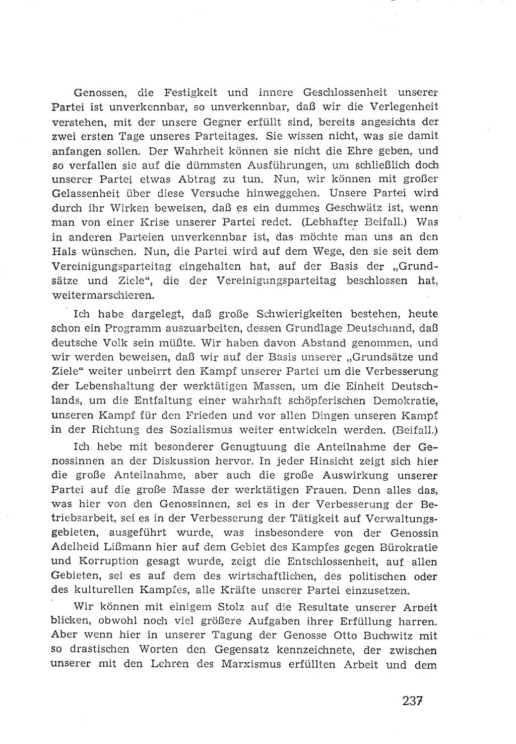 Protokoll der Verhandlungen des 2. Parteitages der Sozialistischen Einheitspartei Deutschlands (SED) [Sowjetische Besatzungszone (SBZ) Deutschlands] 1947, Seite 237 (Prot. Verh. 2. PT SED SBZ Dtl. 1947, S. 237)
