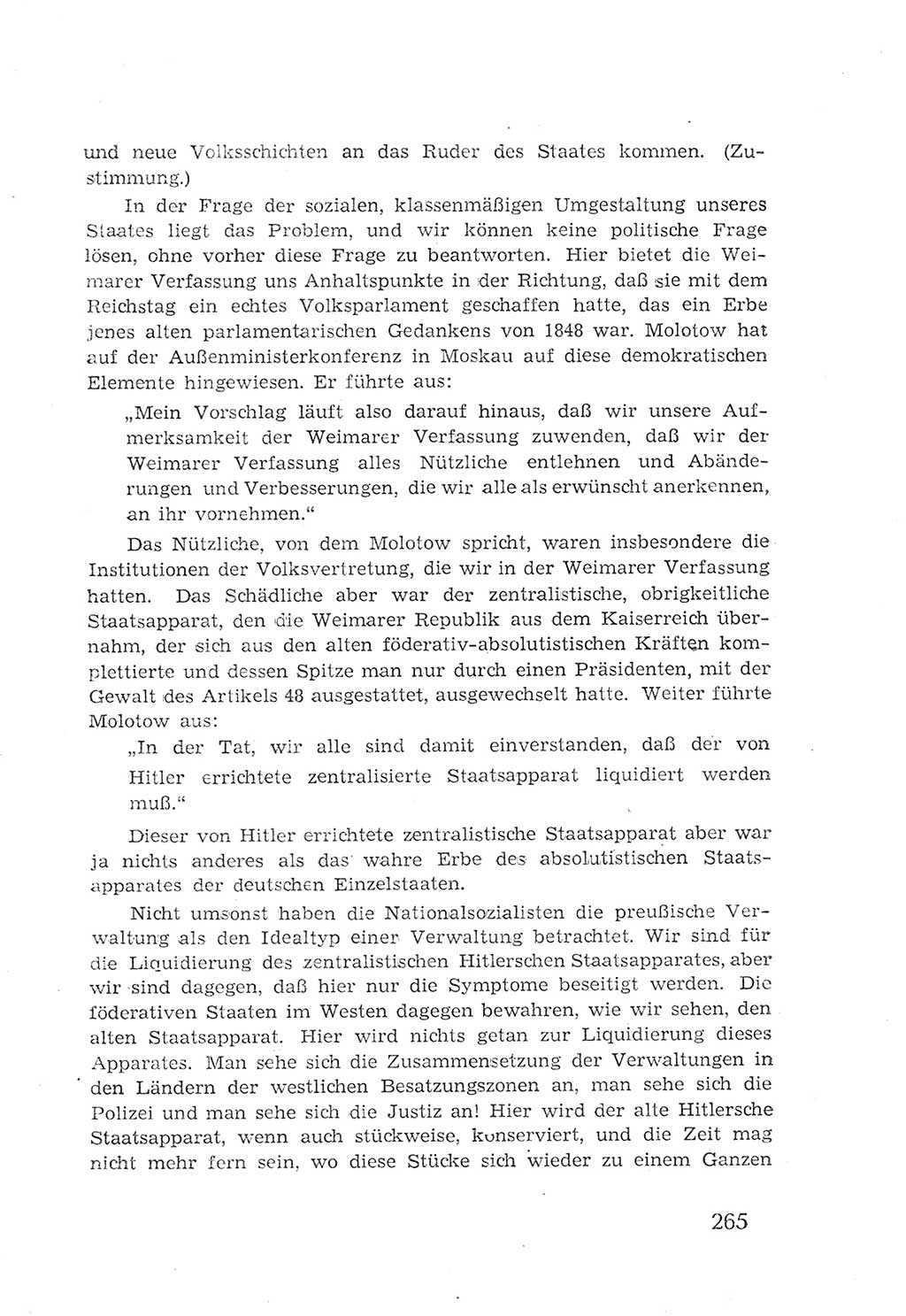 Protokoll der Verhandlungen des 2. Parteitages der Sozialistischen Einheitspartei Deutschlands (SED) [Sowjetische Besatzungszone (SBZ) Deutschlands] 1947, Seite 265 (Prot. Verh. 2. PT SED SBZ Dtl. 1947, S. 265)