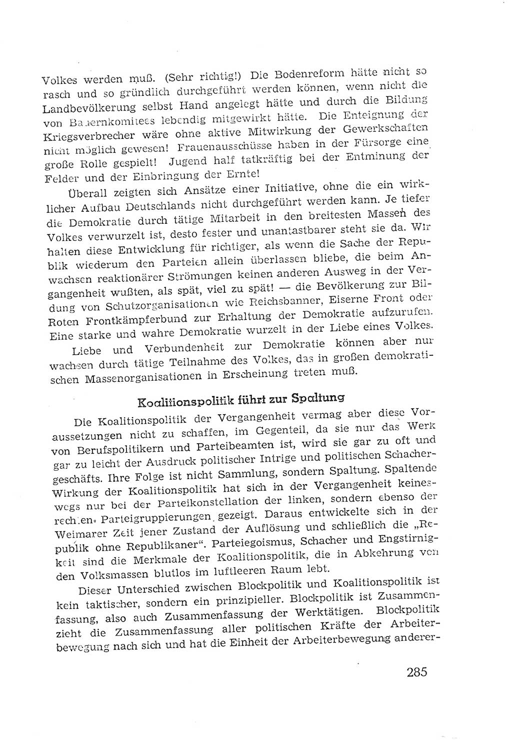 Protokoll der Verhandlungen des 2. Parteitages der Sozialistischen Einheitspartei Deutschlands (SED) [Sowjetische Besatzungszone (SBZ) Deutschlands] 1947, Seite 285 (Prot. Verh. 2. PT SED SBZ Dtl. 1947, S. 285)
