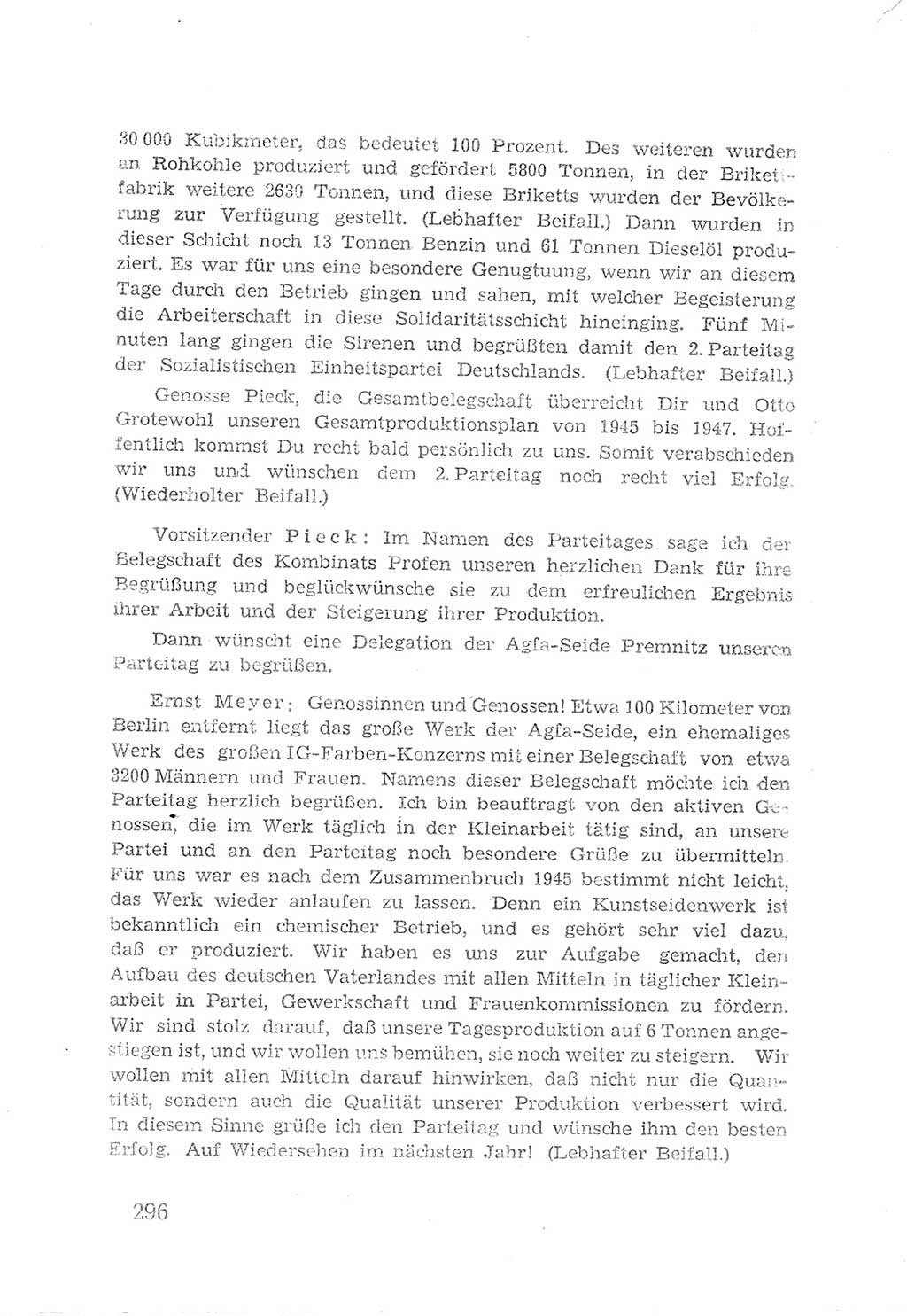 Protokoll der Verhandlungen des 2. Parteitages der Sozialistischen Einheitspartei Deutschlands (SED) [Sowjetische Besatzungszone (SBZ) Deutschlands] 1947, Seite 296 (Prot. Verh. 2. PT SED SBZ Dtl. 1947, S. 296)