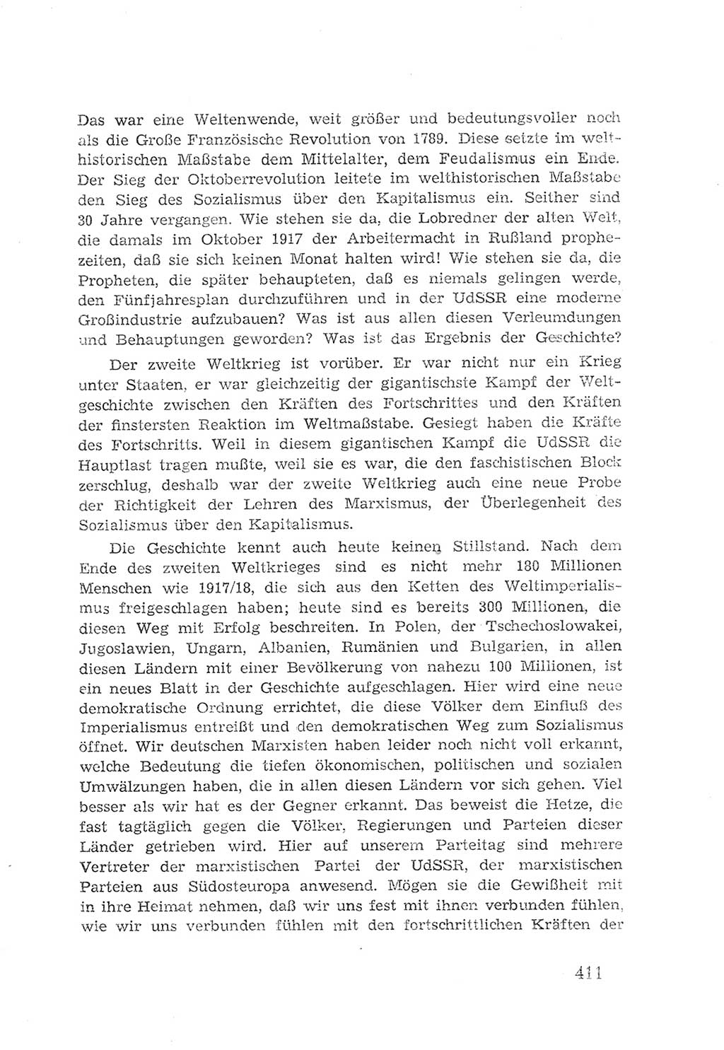 Protokoll der Verhandlungen des 2. Parteitages der Sozialistischen Einheitspartei Deutschlands (SED) [Sowjetische Besatzungszone (SBZ) Deutschlands] 1947, Seite 411 (Prot. Verh. 2. PT SED SBZ Dtl. 1947, S. 411)