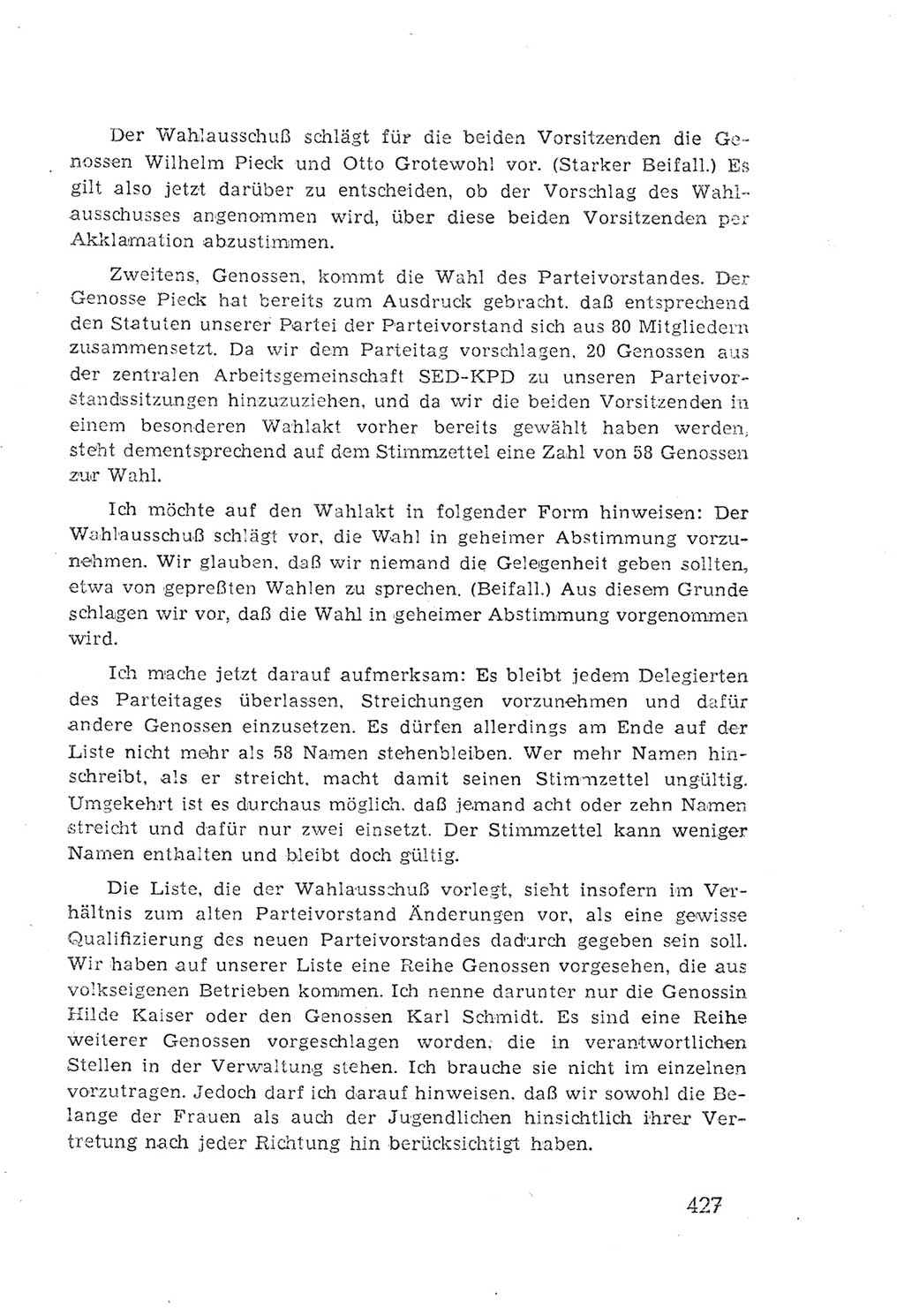 Protokoll der Verhandlungen des 2. Parteitages der Sozialistischen Einheitspartei Deutschlands (SED) [Sowjetische Besatzungszone (SBZ) Deutschlands] 1947, Seite 427 (Prot. Verh. 2. PT SED SBZ Dtl. 1947, S. 427)