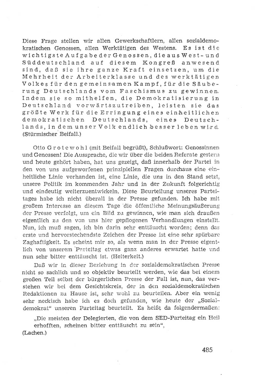Protokoll der Verhandlungen des 2. Parteitages der Sozialistischen Einheitspartei Deutschlands (SED) [Sowjetische Besatzungszone (SBZ) Deutschlands] 1947, Seite 485 (Prot. Verh. 2. PT SED SBZ Dtl. 1947, S. 485)