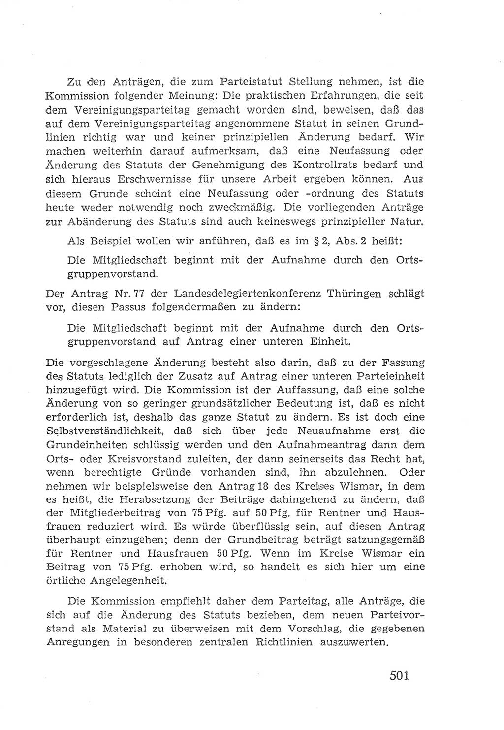 Protokoll der Verhandlungen des 2. Parteitages der Sozialistischen Einheitspartei Deutschlands (SED) [Sowjetische Besatzungszone (SBZ) Deutschlands] 1947, Seite 501 (Prot. Verh. 2. PT SED SBZ Dtl. 1947, S. 501)