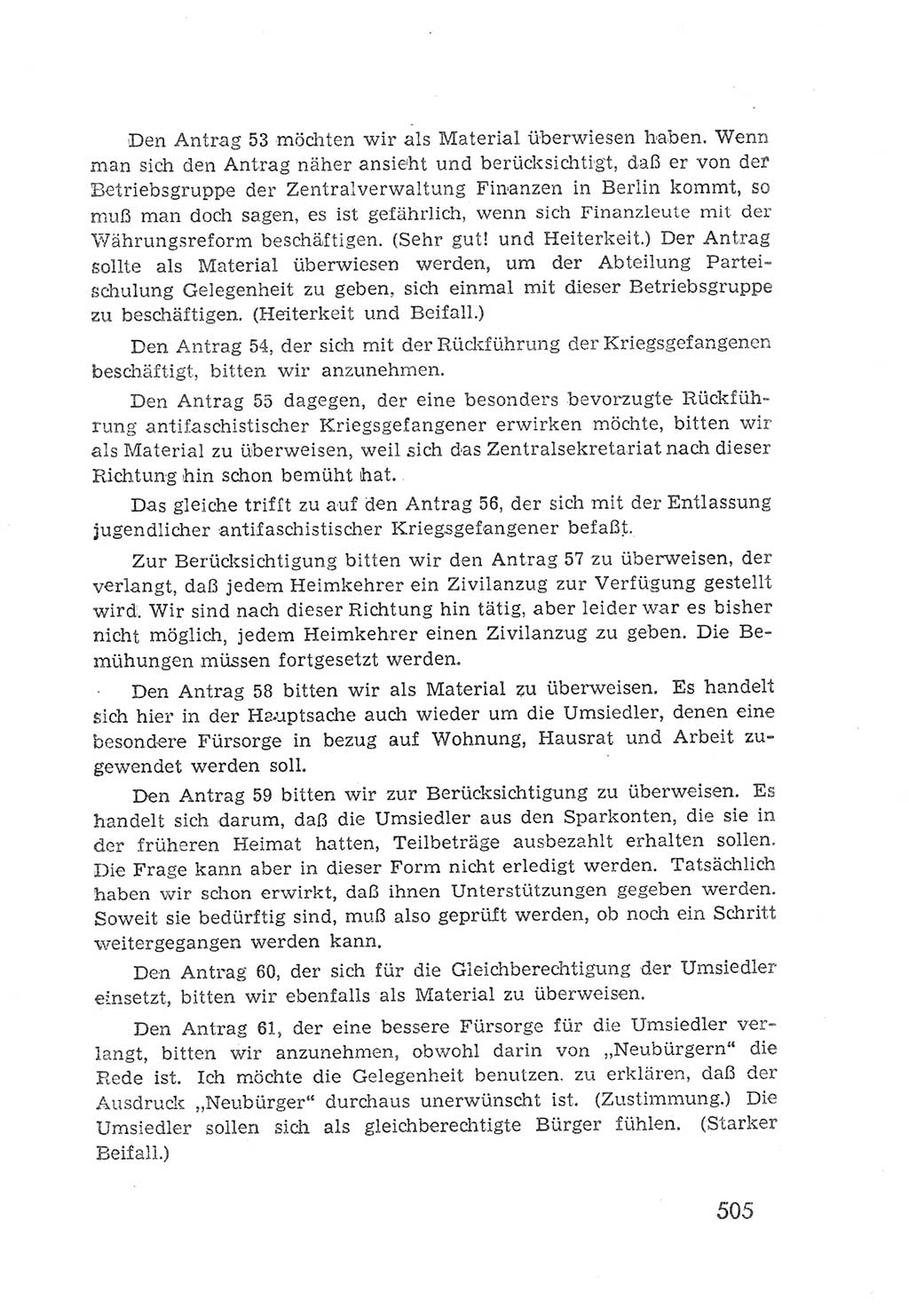 Protokoll der Verhandlungen des 2. Parteitages der Sozialistischen Einheitspartei Deutschlands (SED) [Sowjetische Besatzungszone (SBZ) Deutschlands] 1947, Seite 505 (Prot. Verh. 2. PT SED SBZ Dtl. 1947, S. 505)