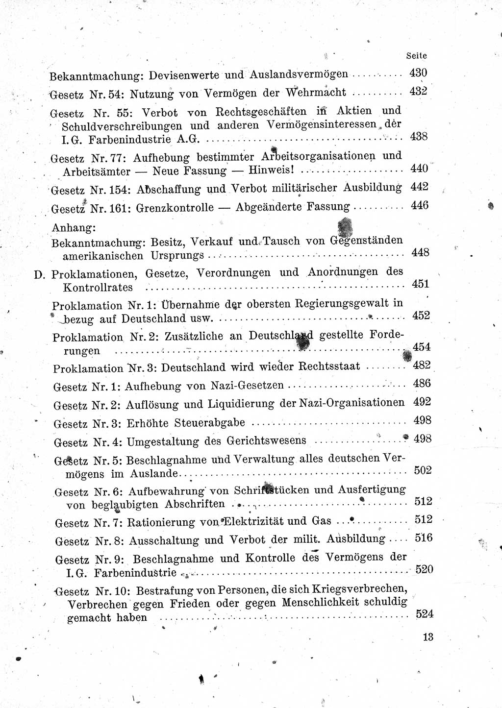 Das Recht der Besatzungsmacht (Deutschland), Proklamationen, Deklerationen, Verordnungen, Gesetze und Bekanntmachungen 1947, Seite 13 (R. Bes. Dtl. 1947, S. 13)