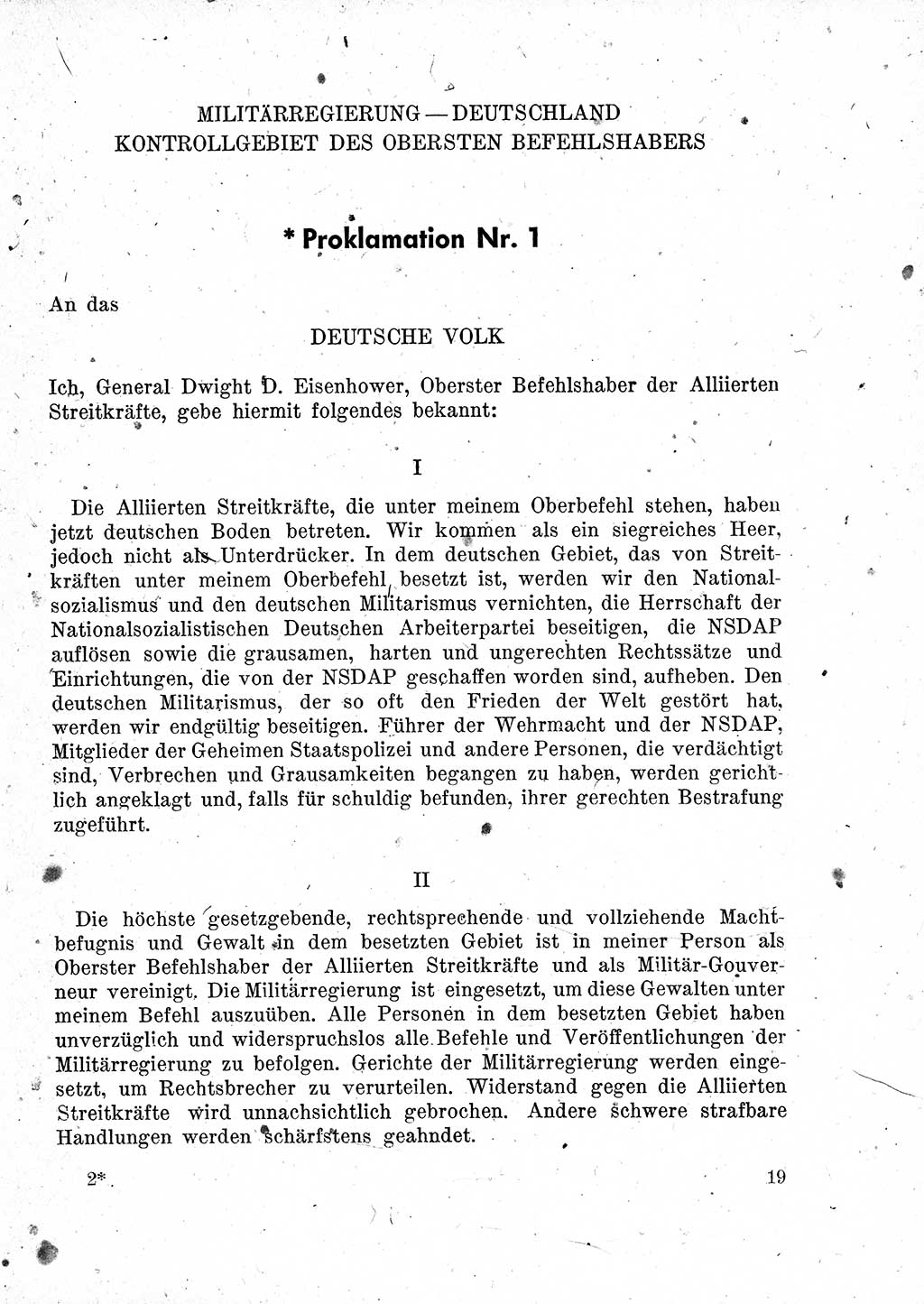 Das Recht der Besatzungsmacht (Deutschland), Proklamationen, Deklerationen, Verordnungen, Gesetze und Bekanntmachungen 1947, Seite 19 (R. Bes. Dtl. 1947, S. 19)