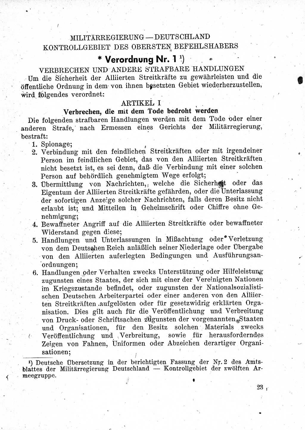 Das Recht der Besatzungsmacht (Deutschland), Proklamationen, Deklerationen, Verordnungen, Gesetze und Bekanntmachungen 1947, Seite 23 (R. Bes. Dtl. 1947, S. 23)