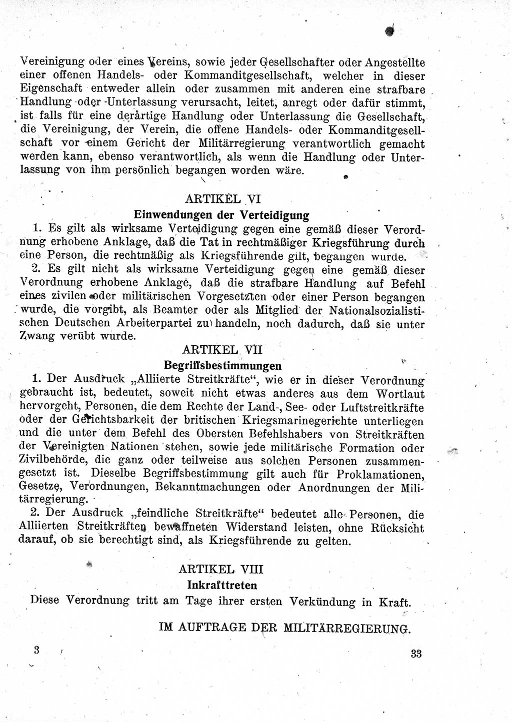 Das Recht der Besatzungsmacht (Deutschland), Proklamationen, Deklerationen, Verordnungen, Gesetze und Bekanntmachungen 1947, Seite 33 (R. Bes. Dtl. 1947, S. 33)