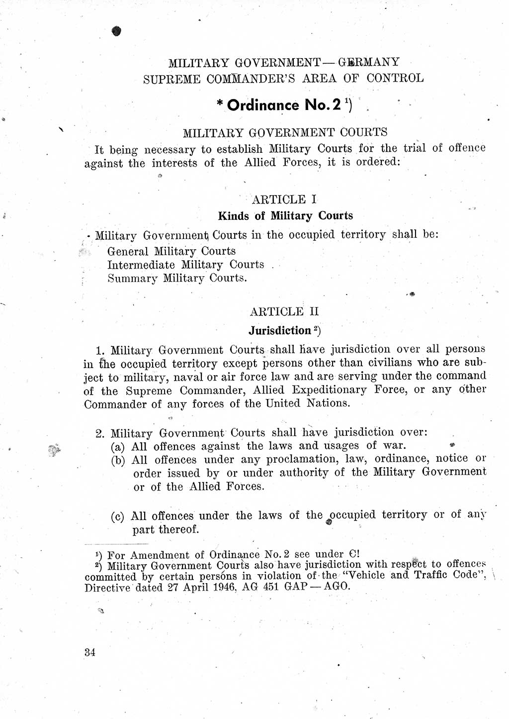 Das Recht der Besatzungsmacht (Deutschland), Proklamationen, Deklerationen, Verordnungen, Gesetze und Bekanntmachungen 1947, Seite 34 (R. Bes. Dtl. 1947, S. 34)