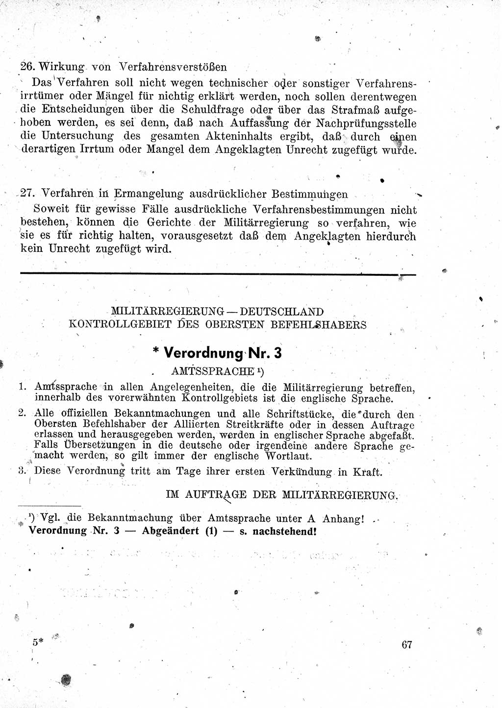 Das Recht der Besatzungsmacht (Deutschland), Proklamationen, Deklerationen, Verordnungen, Gesetze und Bekanntmachungen 1947, Seite 67 (R. Bes. Dtl. 1947, S. 67)