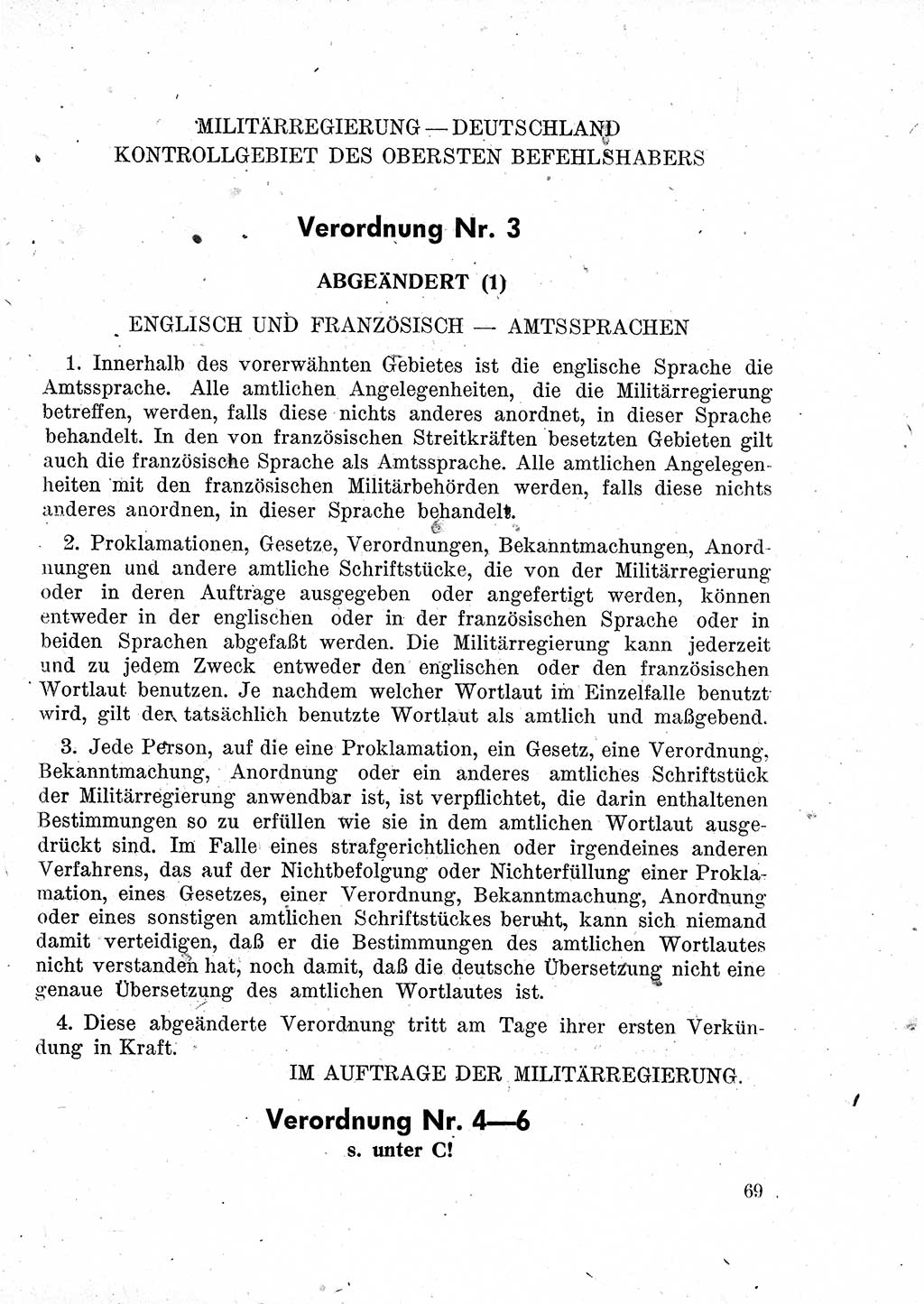 Das Recht der Besatzungsmacht (Deutschland), Proklamationen, Deklerationen, Verordnungen, Gesetze und Bekanntmachungen 1947, Seite 69 (R. Bes. Dtl. 1947, S. 69)